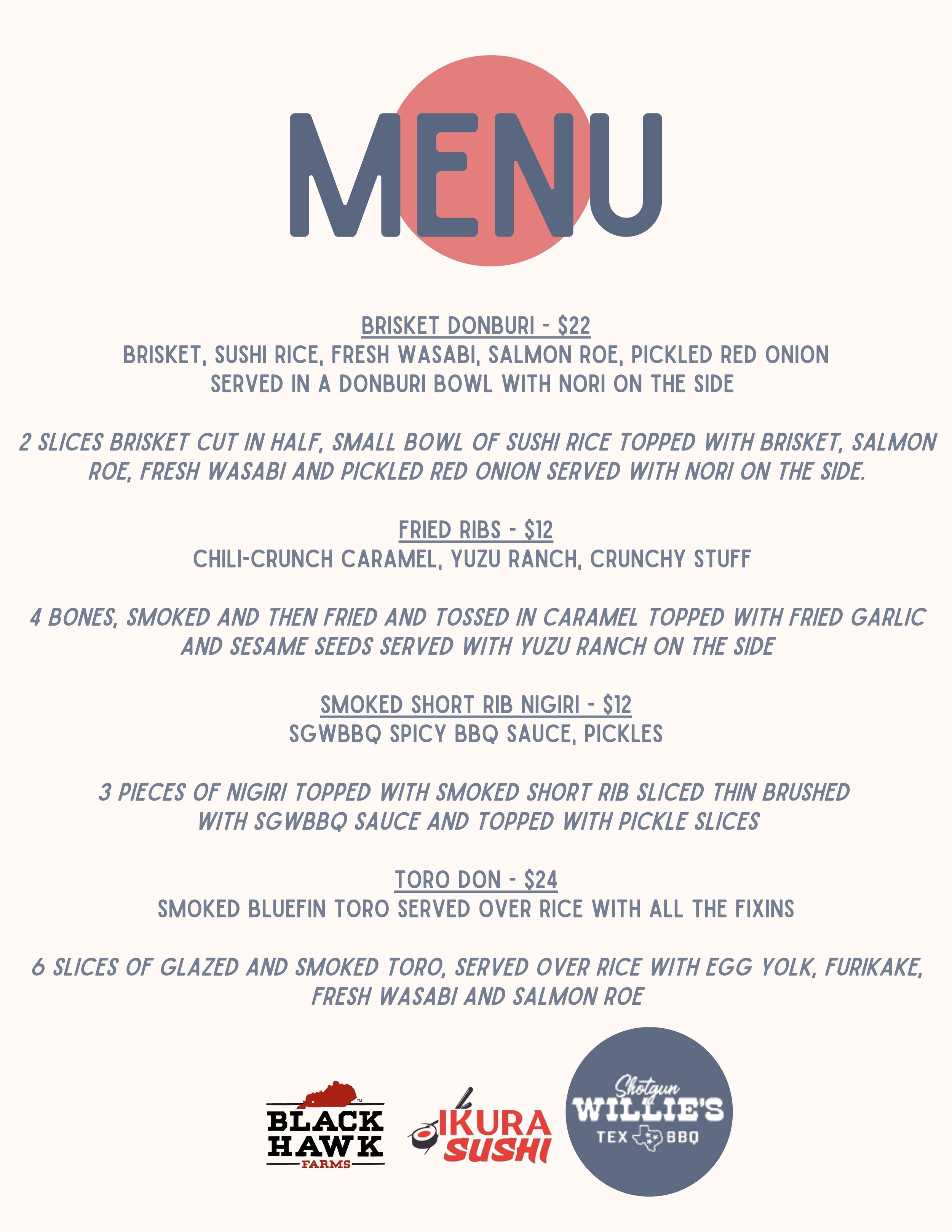 Menu featuring dishes like brisket donburi, fried ribs, smoked short rib nigiri, and toro don with descriptions and prices.