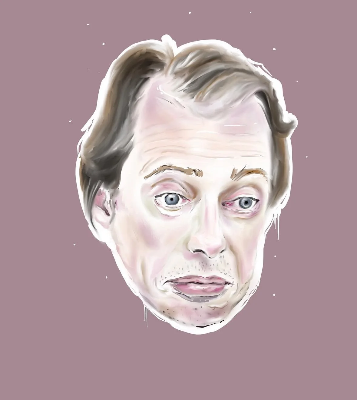 A digital painting of a disheveled middle-aged man with blond hair, light skin, and a tired facial expression, set against a muted purple background with small white dots.