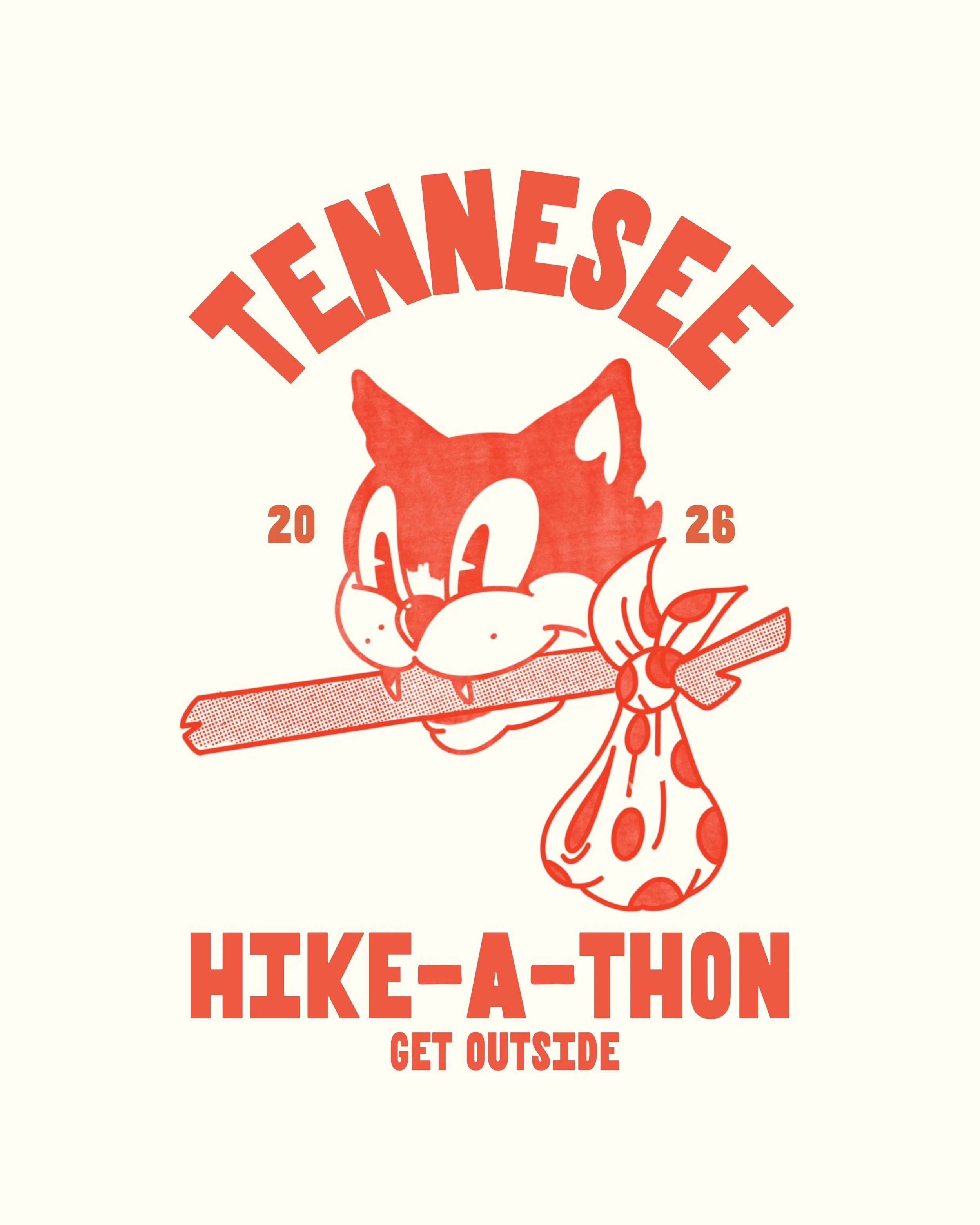 Design promoting the Tennessee Hike-A-Thon with a cartoon cat holding a stick and a tied bundle, encouraging outdoor activity.