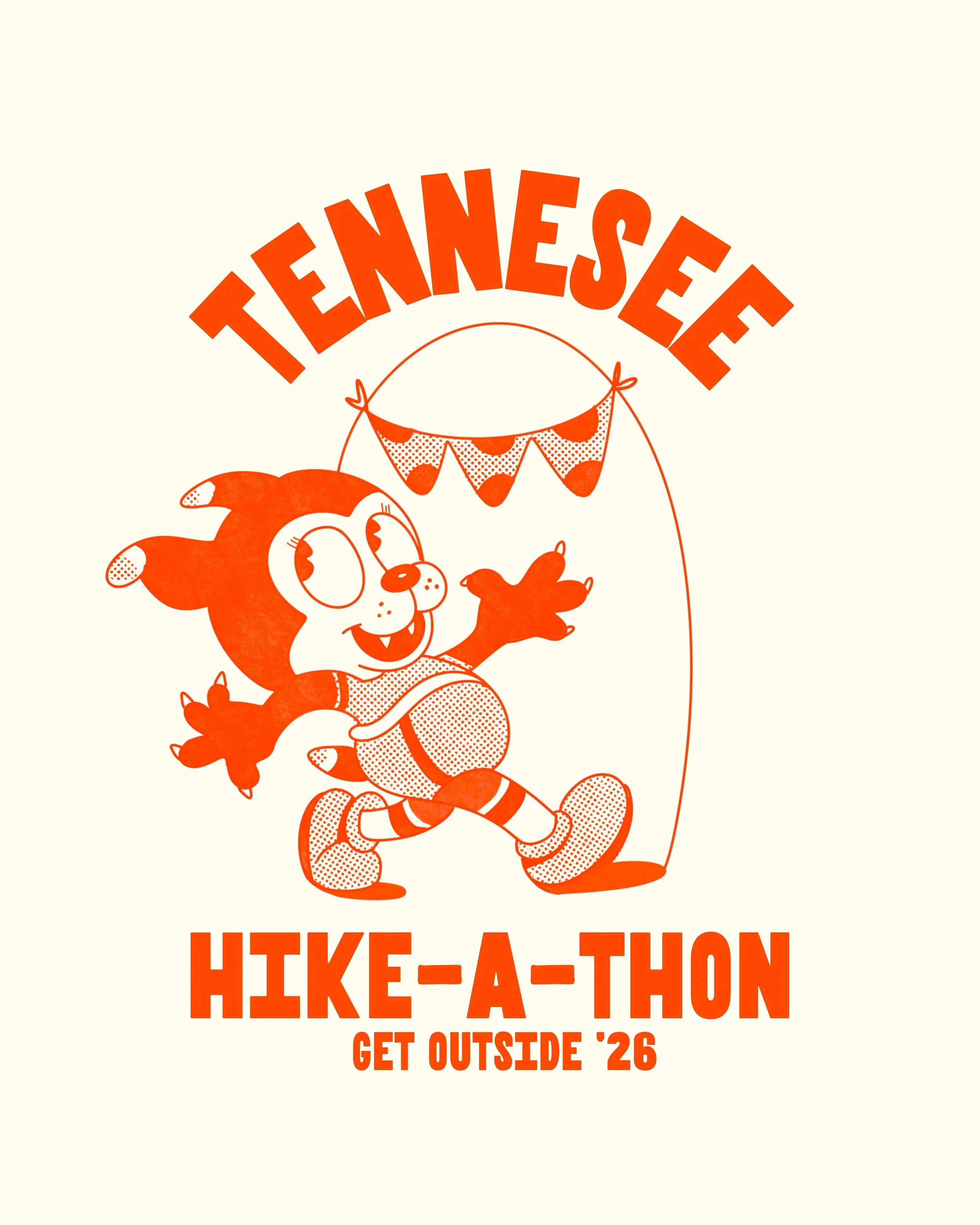 A cheerful cartoon lion wearing a cap and striped socks, running outdoors during an event called Tennessee Hike-A-Thon, with the phrase "Get Outside '26" beneath.
