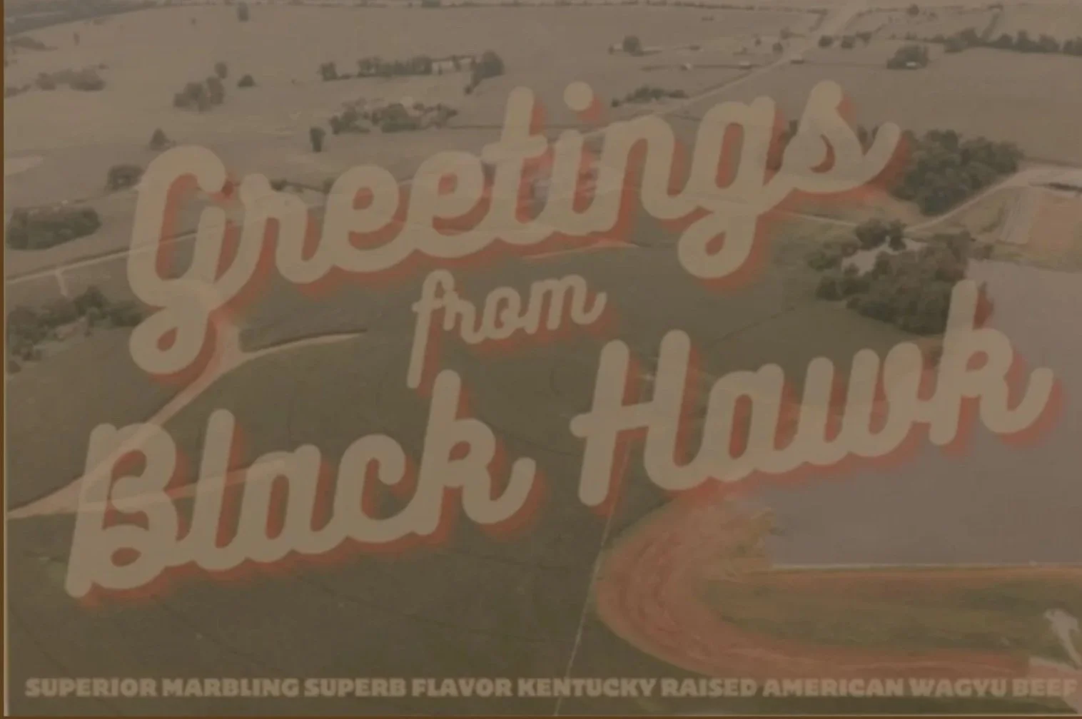 Aerial view of farmland with text overlay that reads 'Greetings from Buck Hound.'