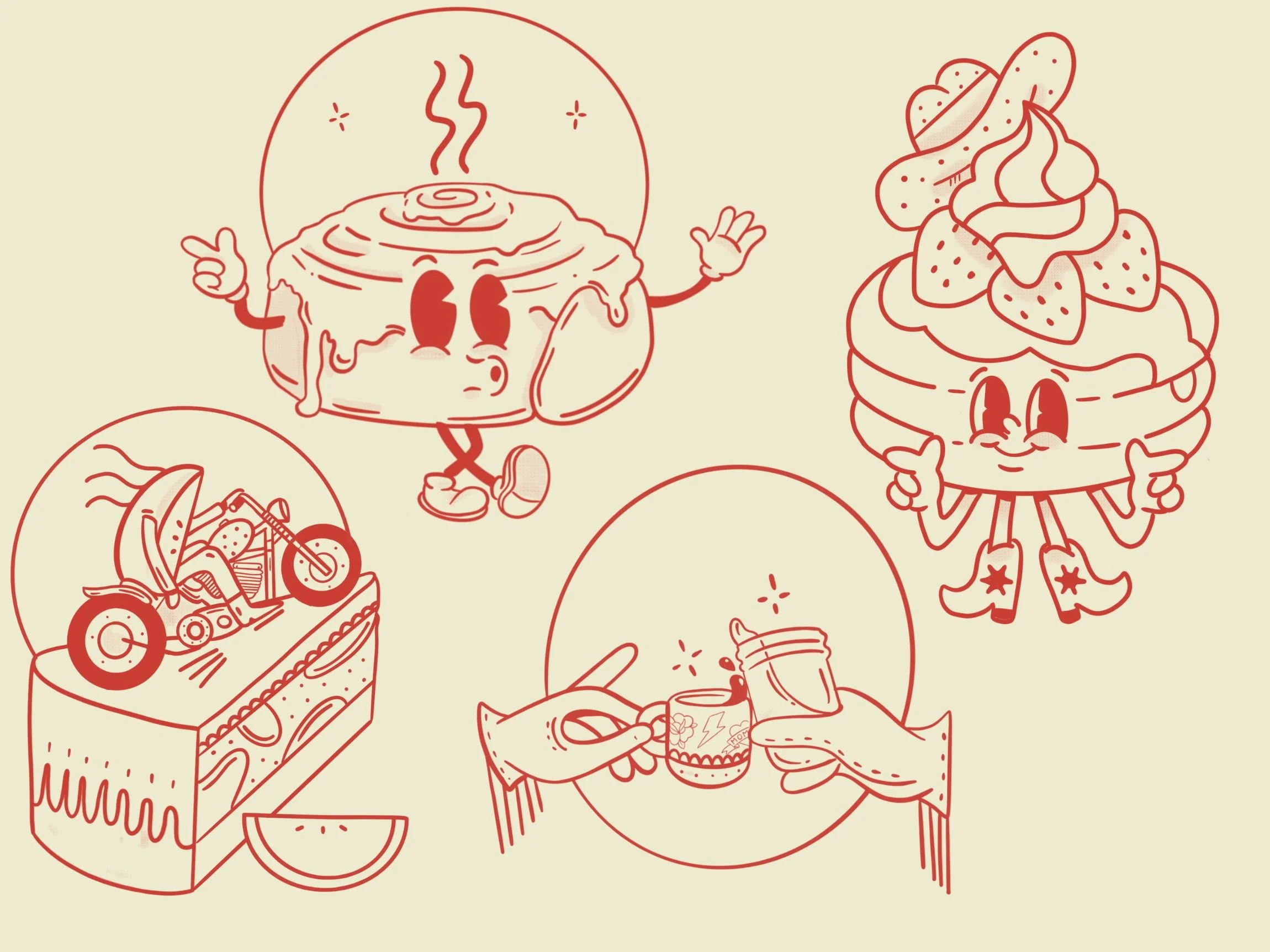 Line drawing of four cute cartoon desserts and a motorcycle. There are two desserts with smiling faces: a steaming cinnamon roll and a stack of pancakes with strawberries and syrup, each giving a thumbs up. A cheesecake slice with strawberry topping 