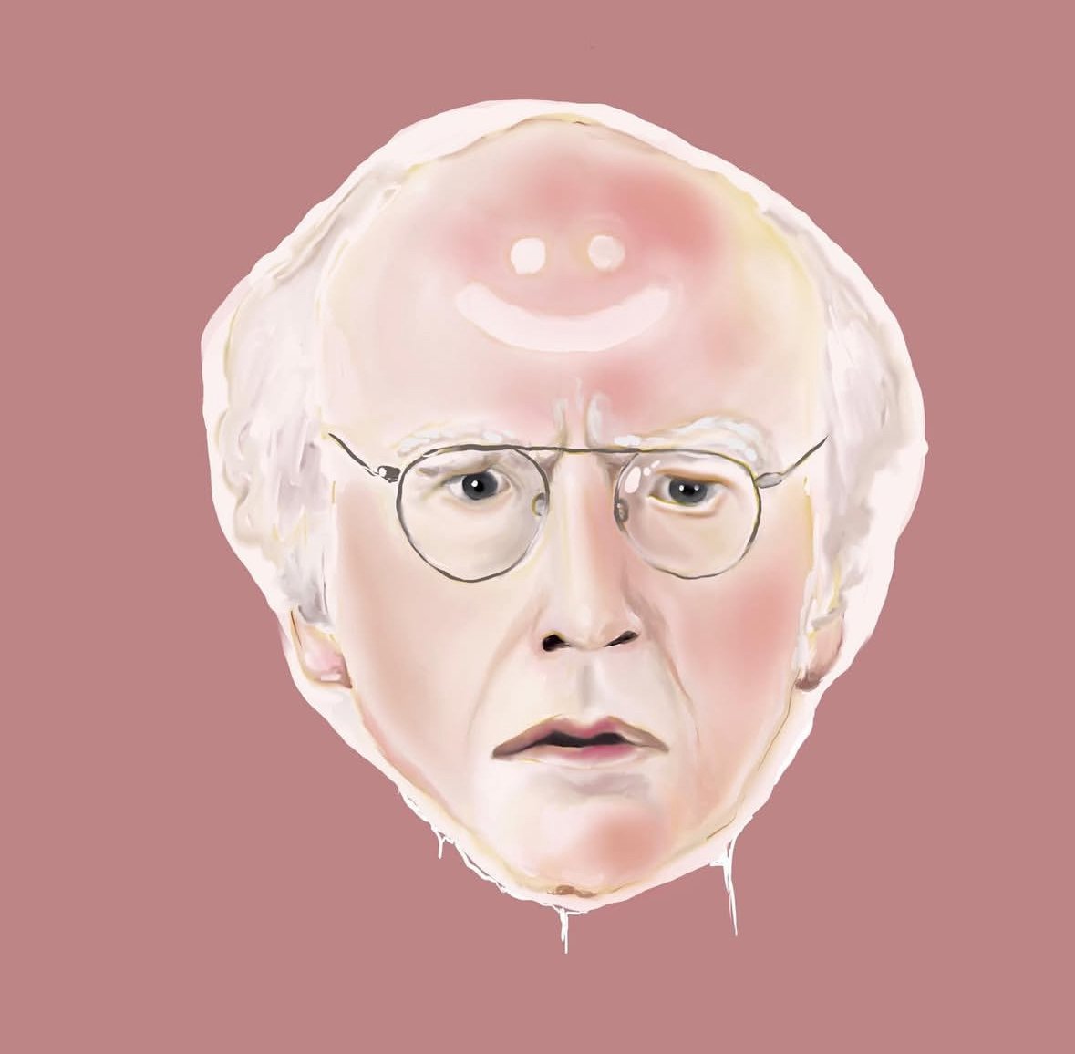 A balloon with a drawn face of an elderly man, including glasses, with a smiling face on the top of the balloon, against a pink background.