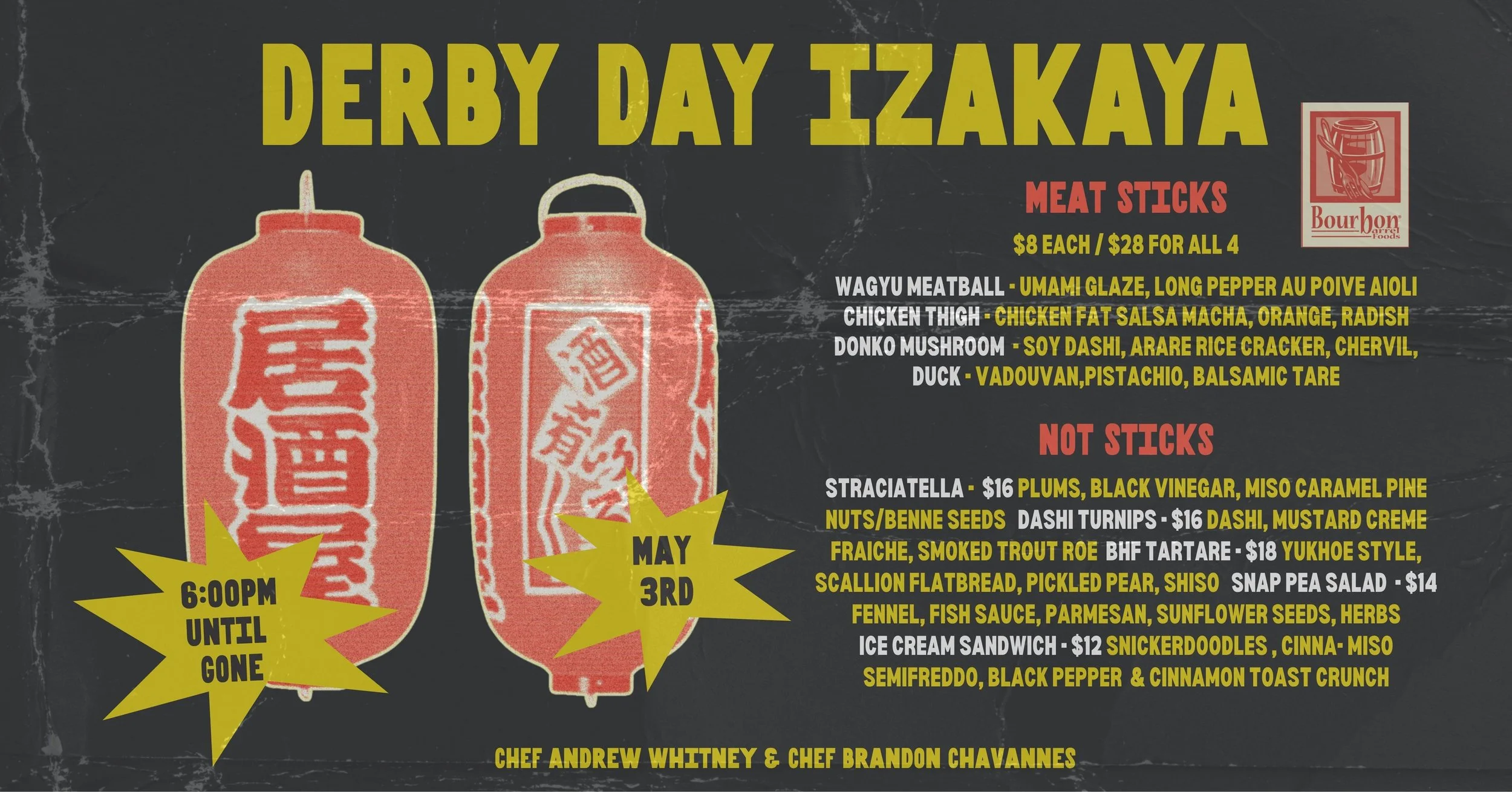 A poster for Derby Day Izakaya event with information about meat and non-meat dishes, prices, and event details. The poster features large yellow text, red accents, and illustrations of two red bottles.