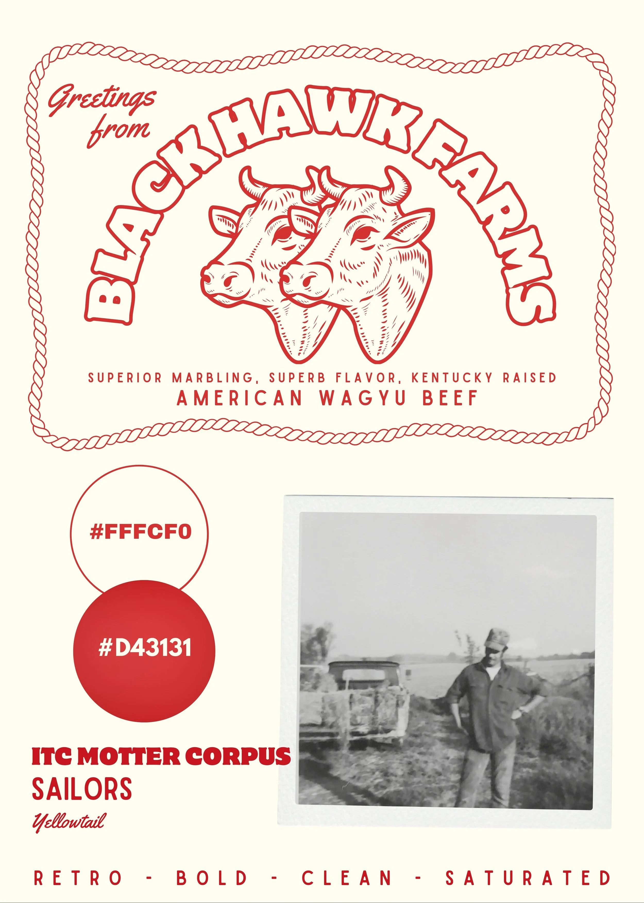 A vintage-style promotional poster for Black Hawk Farms, featuring a drawing of two cows' heads and the text announcing American Wagyu beef, with handwritten style text and a black-and-white photo of a man standing near a tractor in a rural setting.