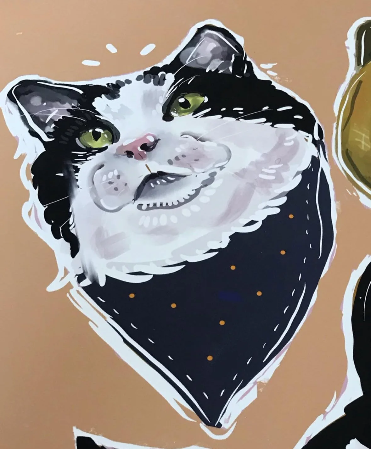 Illustration of a black and white cat with green eyes wearing a black bandana with yellow dots.