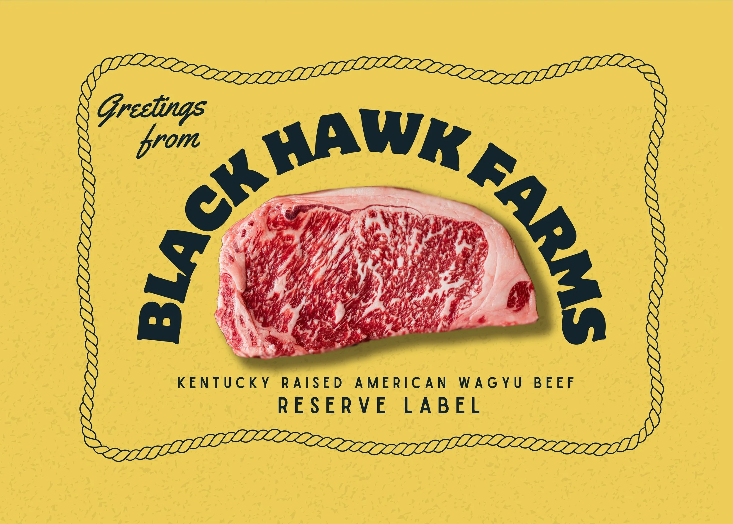 A label for Black Hawk Farms Kentucky raised American Wagyu beef featuring an image of a marbled beef steak on a yellow background with text indicating it is a reserve label.