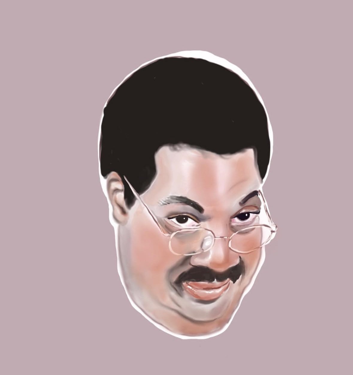 Illustration of a smiling man with glasses, a mustache, and dark hair against a light purple background.