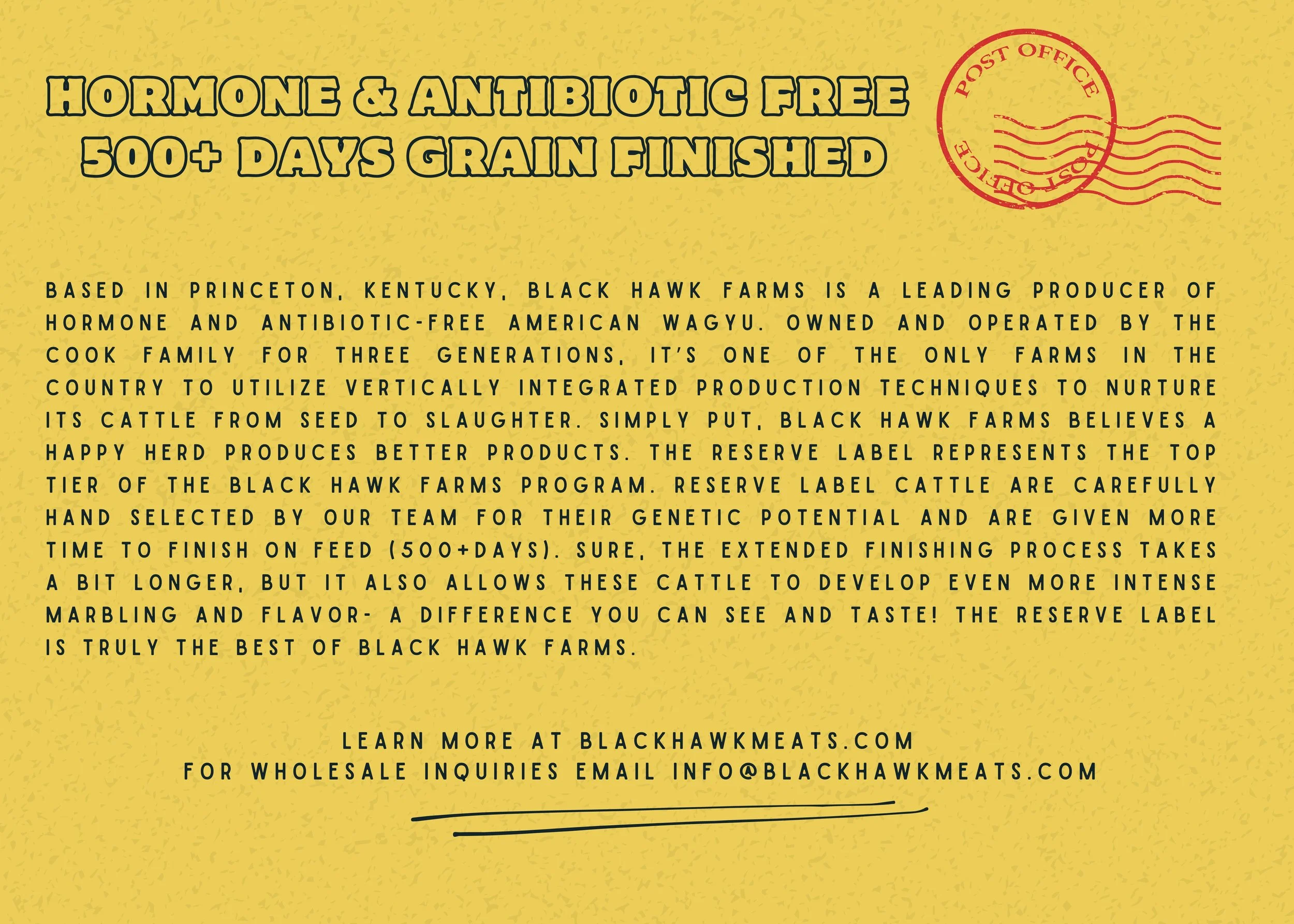 Yellow poster promoting Black Hawk Farms, a producer of hormone and antibiotic-free Wagyu beef. The poster features a red post office stamp graphic in the top right corner and contains text describing the farm's history, practices, and contact inform