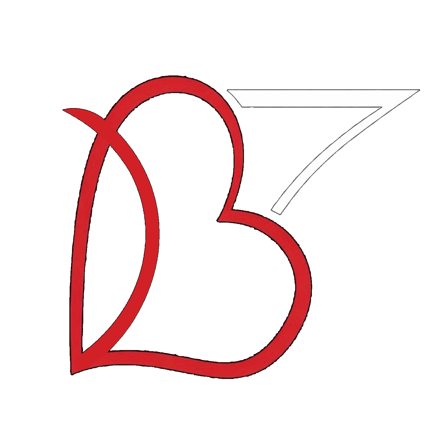 Leaning red heart stylized as a B set in front of a white 7.