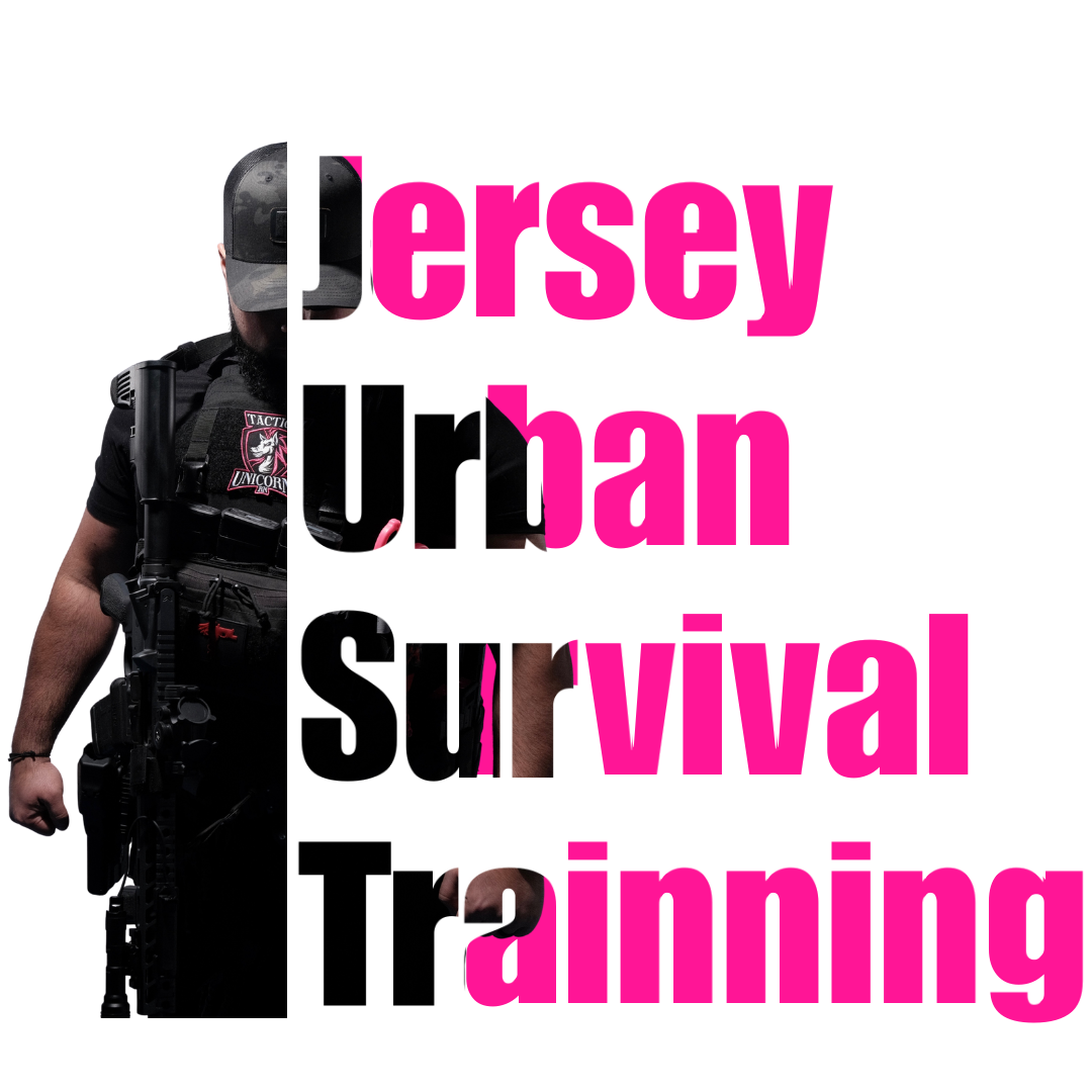 Illustration of a person in tactical gear and a cap, partially visible behind large text that reads "Jersey Urban Survival Training" in bold pink and black letters.
