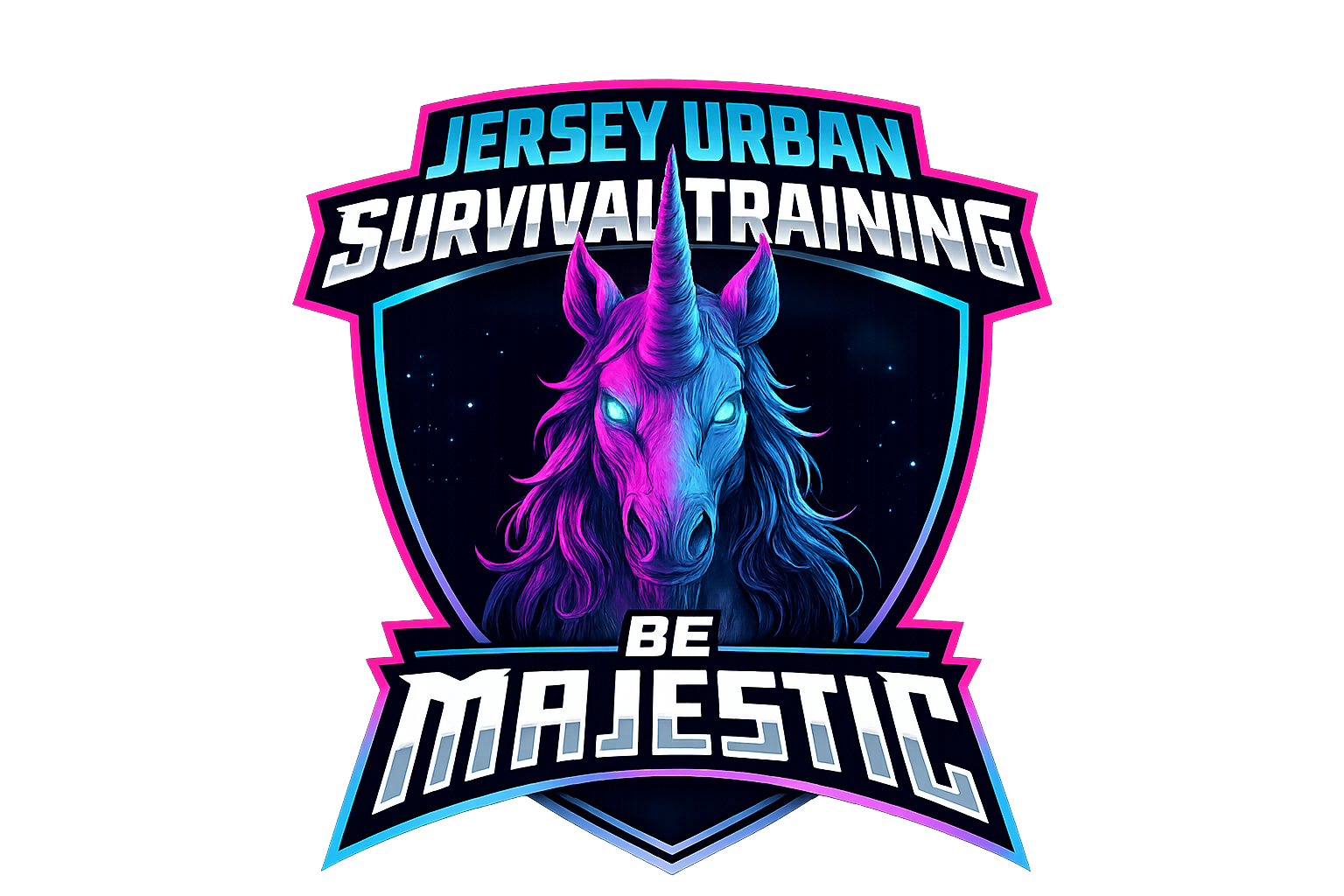 A logo for Jersey Urban Survival Training featuring a neon-colored unicorn with glowing eyes, a shield shape, pink and blue accents, and the text 'BE MAJESTIC' at the bottom.