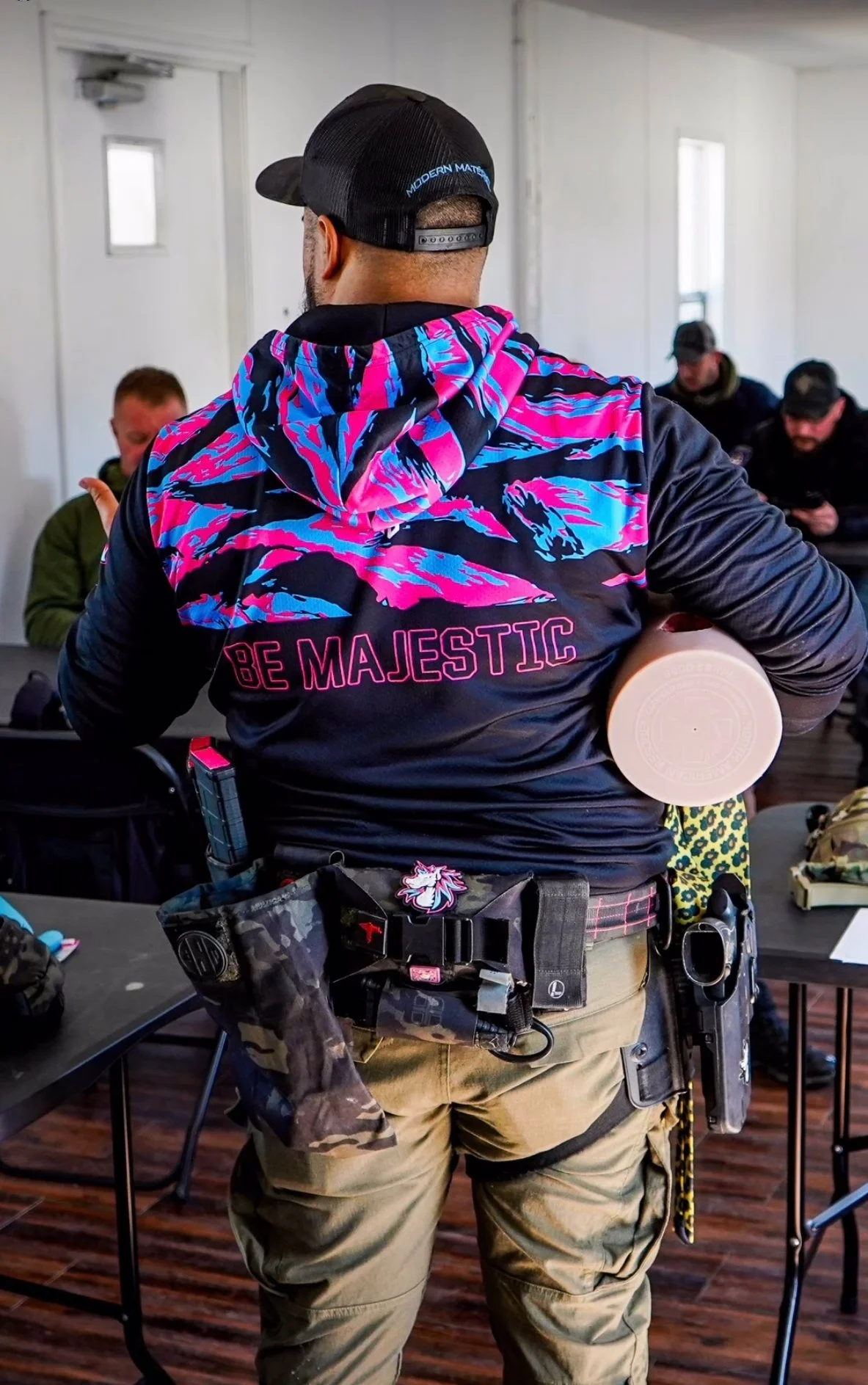 Gary with a Be Majestic hood during a training section