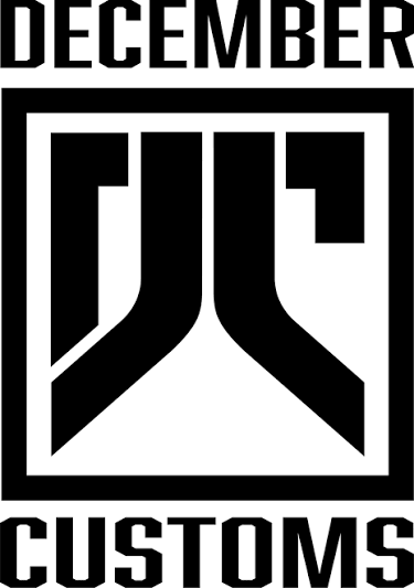 Logo for December Ju Customs in black and white with stylized initials and bold text.