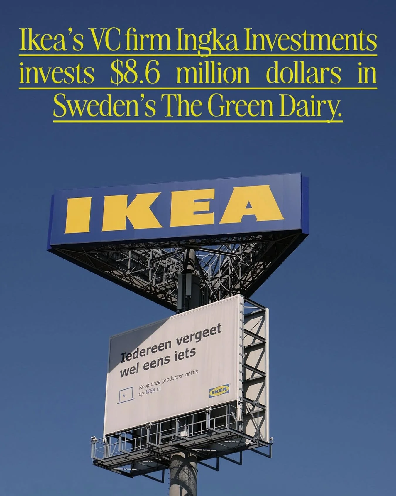 Ikea&rsquo;s VC firm Ingka Investments invests $8.6 million dollars in Sweden&rsquo;s The Green Dairy, becoming the majority stakeholder. 

The Green Dairy is a 20+ year old company, primarily using oats and fava beans to produce animal dairy and mea
