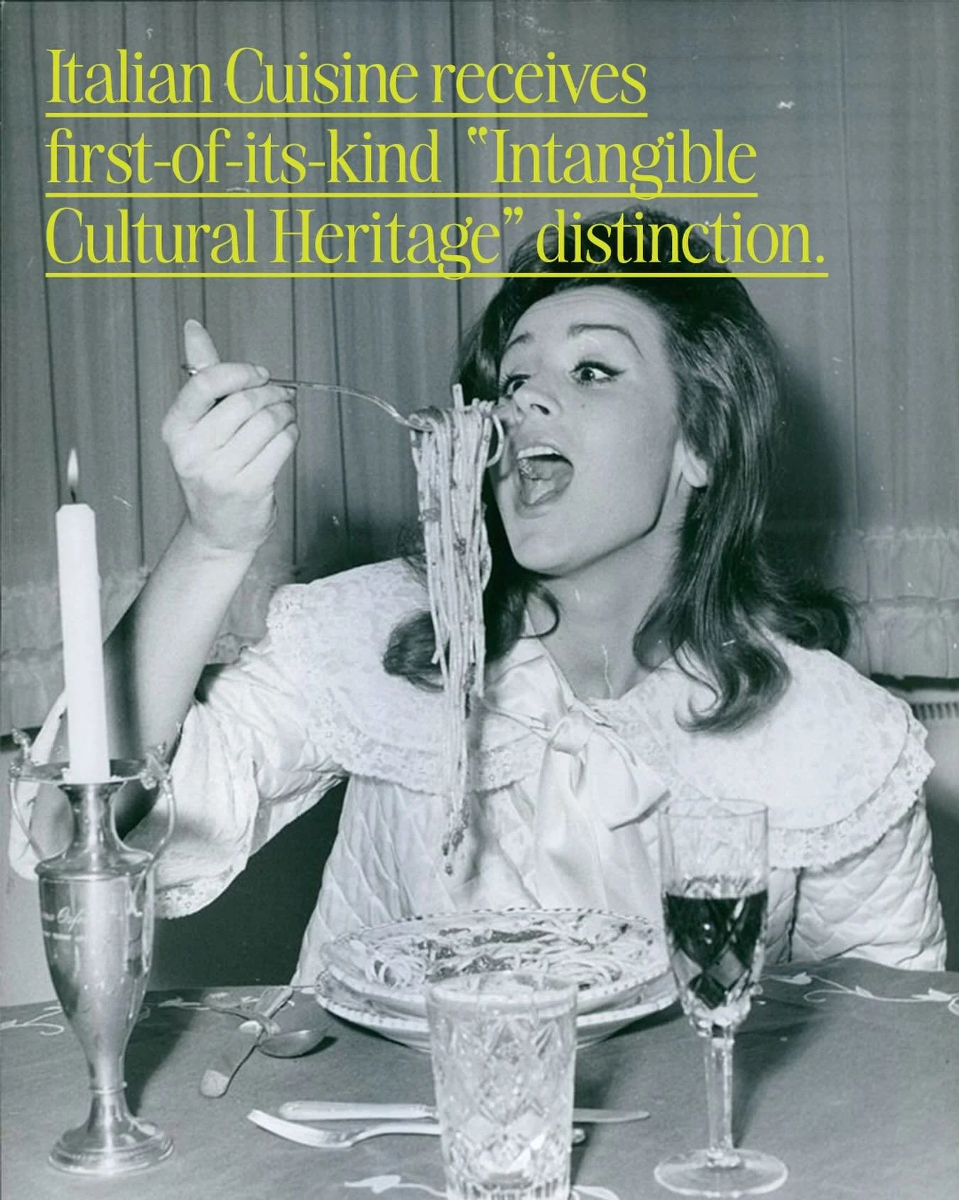 After months of delegation, UNESCO has awarded the Intangible Cuisine Heritage distinction to Italian cuisine. This GI marks the first distinction given to a complete cuisine, instead of a particular dish or food product. 

📷 Senta Berger in &ldquo;
