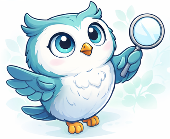 Cute cartoon owl holding a magnifying glass, with bushy eyebrows, large eyes, and light blue feathers.