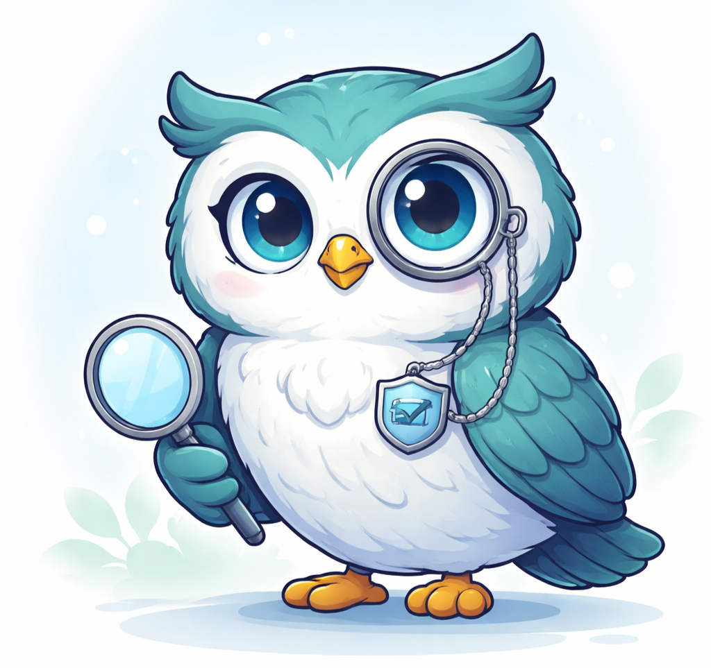 Cartoon owl with blue feathers and large eyes holding a magnifying glass and wearing a monocle with a chain and a badge.