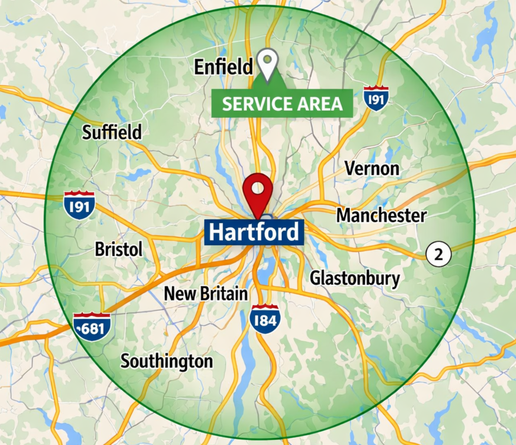 Map showing Hartford at the center, with a service area marked by a green circle covering surrounding towns including Enfield, Suffield, Bristol, New Britain, Southington, Vernon, Manchester, and Glastonbury, as well as major highways I-191, I-681, I-184, and Route 2.