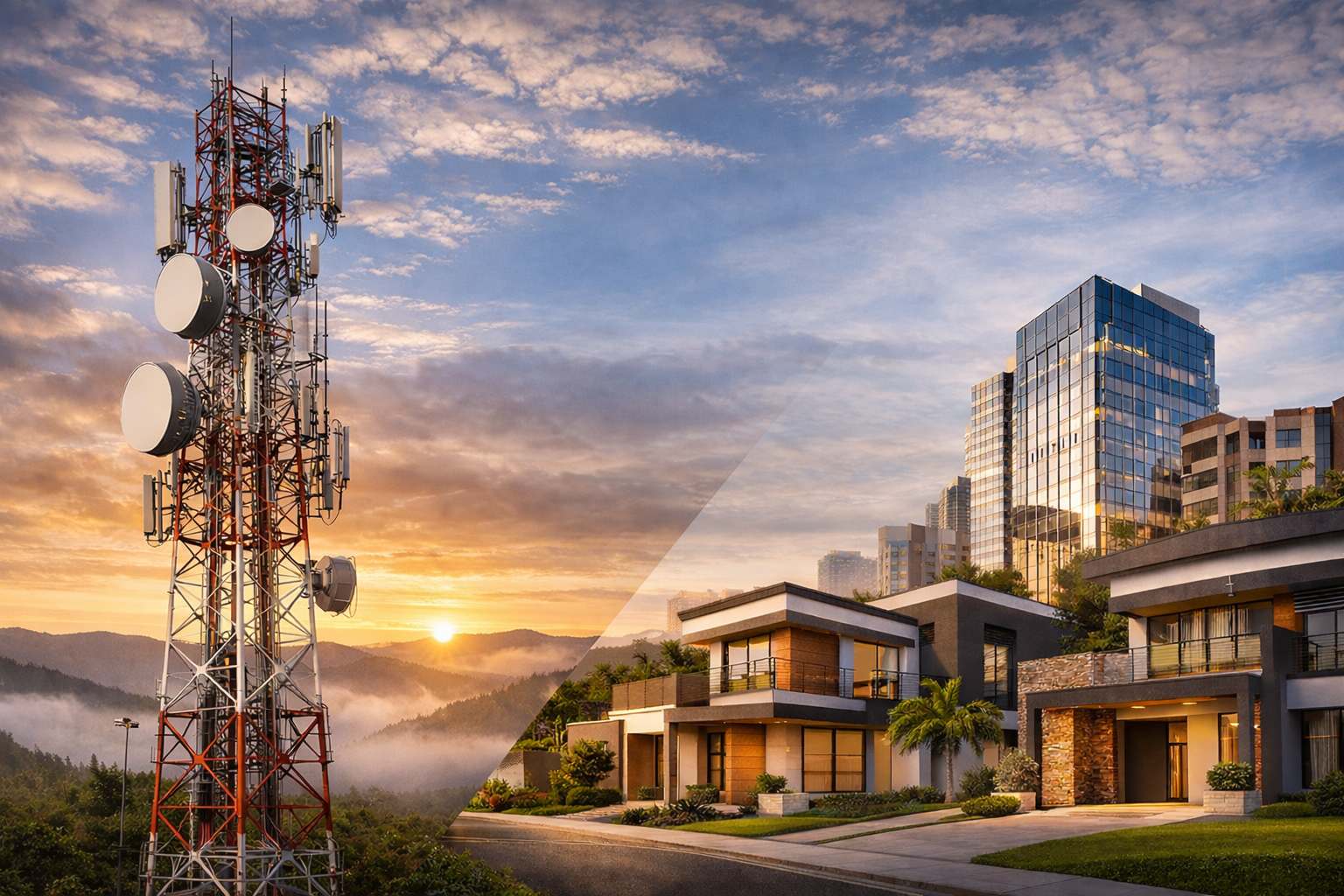 División de dos paisajes, a la izquierda un torre de telecomunicaciones con antenas y satélites en una puesta de sol, y a la derecha un vecindario con casas modernas, edificios altos de vidrio y un cielo nublado.