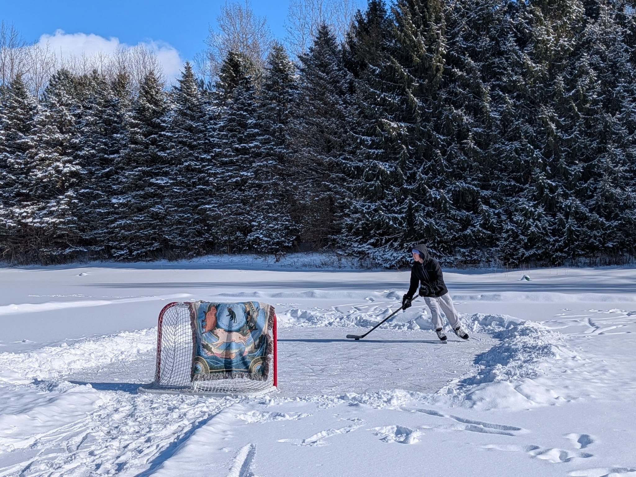 A person playing hockey on a snow-covered pond surrounded by snow-covered evergreen trees on a sunny winter day. A colorful blanket with animals on it is draped over the hockey coal.