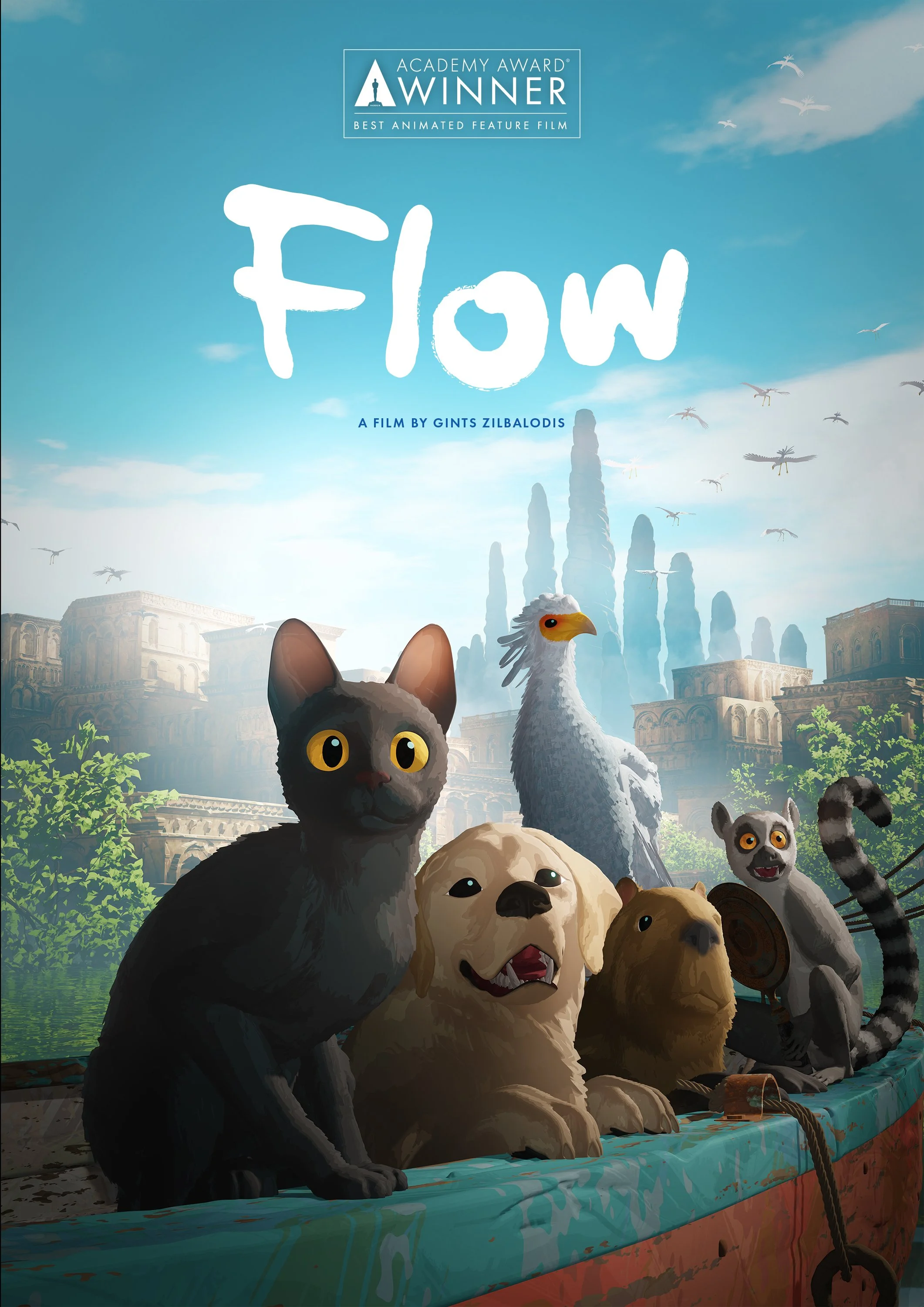 Computer generated imagery depicting a cat, a dog, a capybara, a secretary bird, and a lemur. Also included is the logo for the movie FLOW.