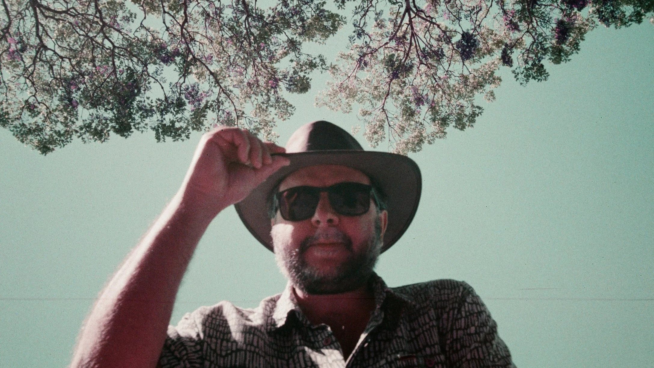 Nick in a hat beneath a jacaranda