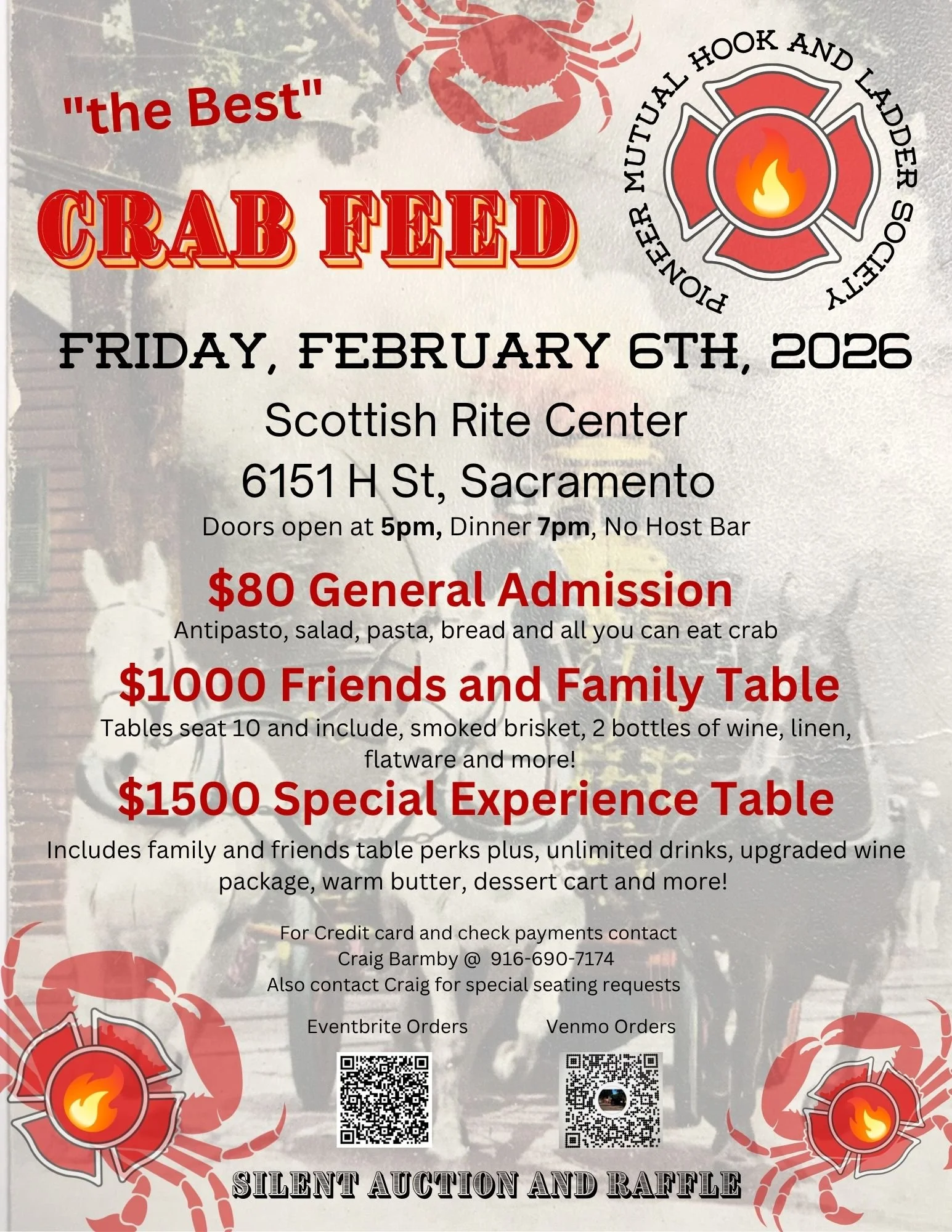 Event poster for a crab feed dinner on February 6th, 2026 at the Scottish Rite Center in Sacramento, with details on ticket prices, meal options, and special tables. Features images of crabs and a fire department logo.