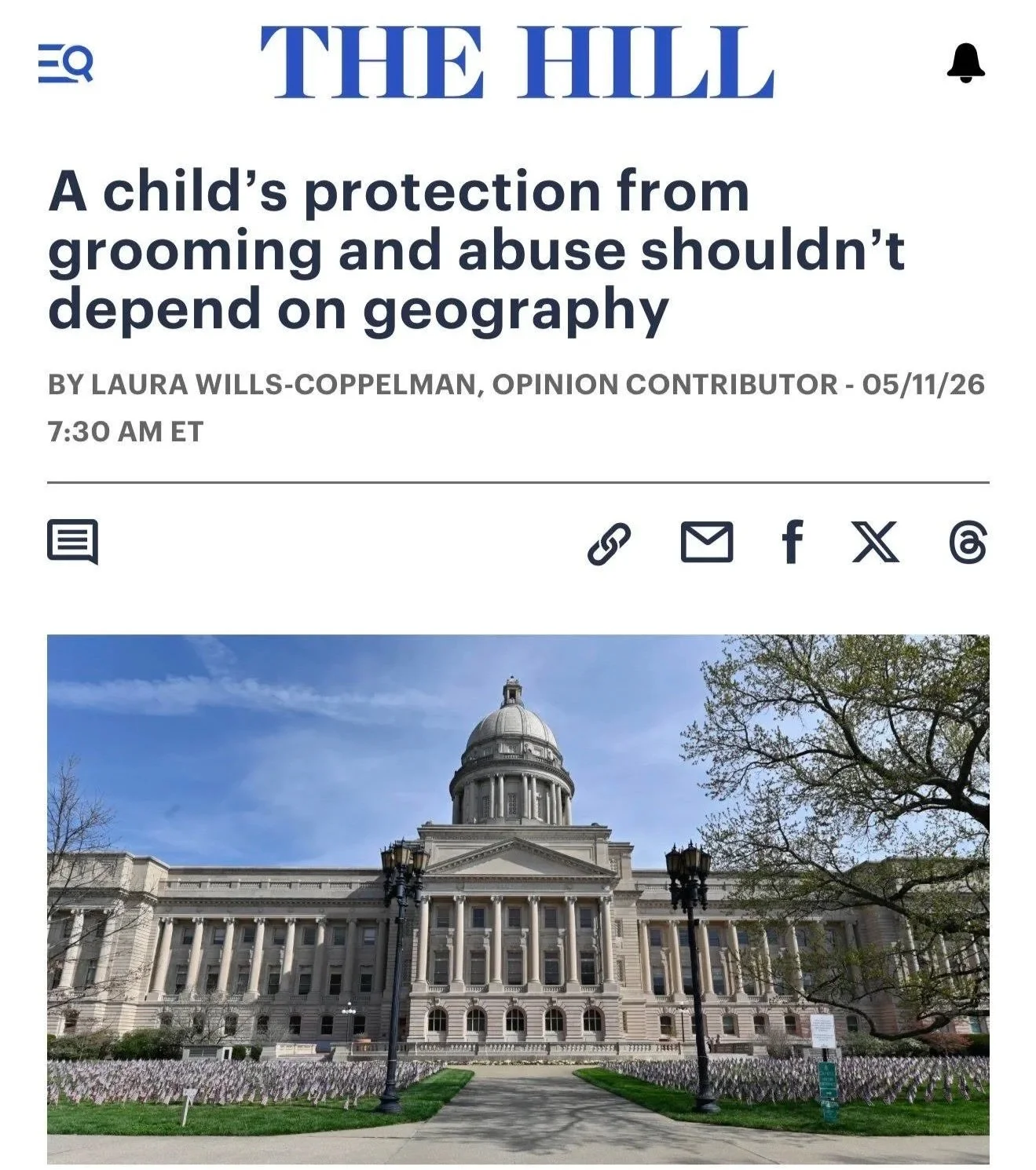 Laura Wills-Coppelman’s op-ed in The Hill arguing that child grooming should be criminalized under federal law, not left to inconsistent state statutes.
