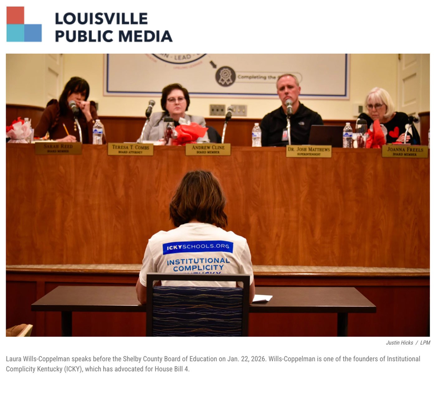 Louisville Public Media - Anti-child-grooming legislation clears the Kentucky state House - Laura Wills-Coppelman speaks before the Shelby County Board of Education on Jan. 22, 2026. Wills-Coppelman is one of the founders of Institutional Complicity 