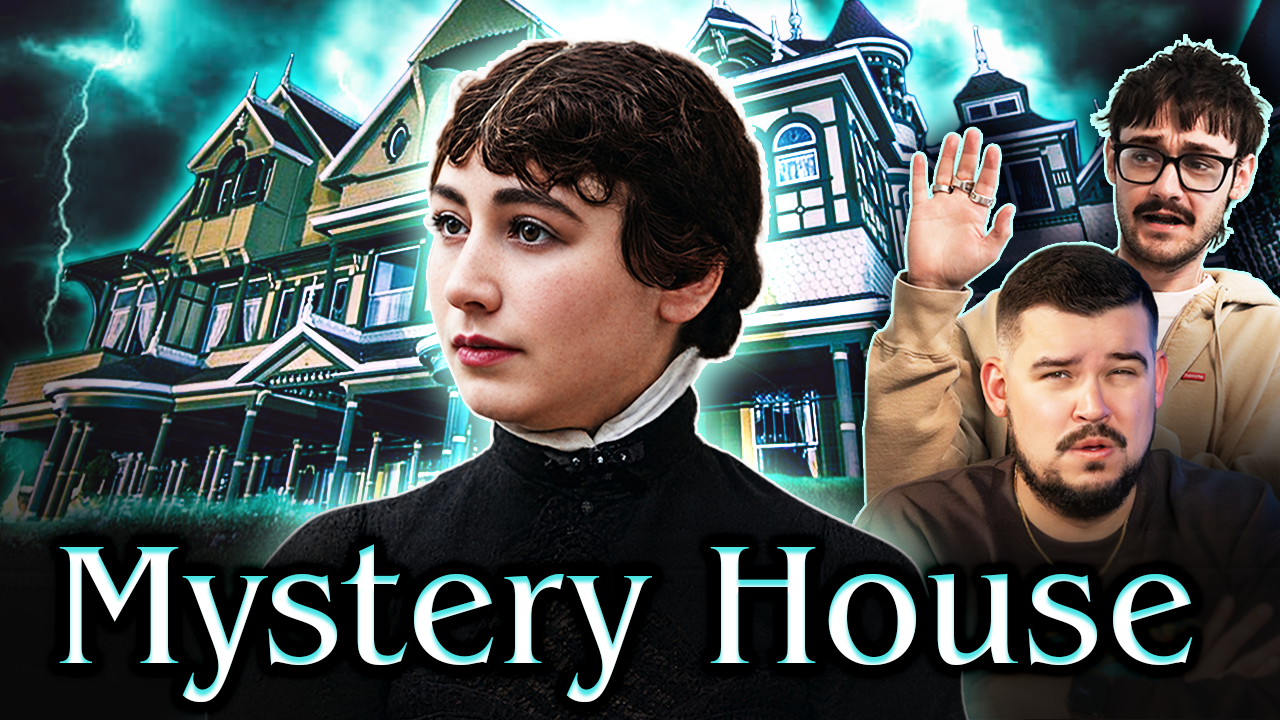 Three young men in front of an ominous haunted Victorian-style mansion during a thunderstorm, with the words 'Mystery House' at the bottom.