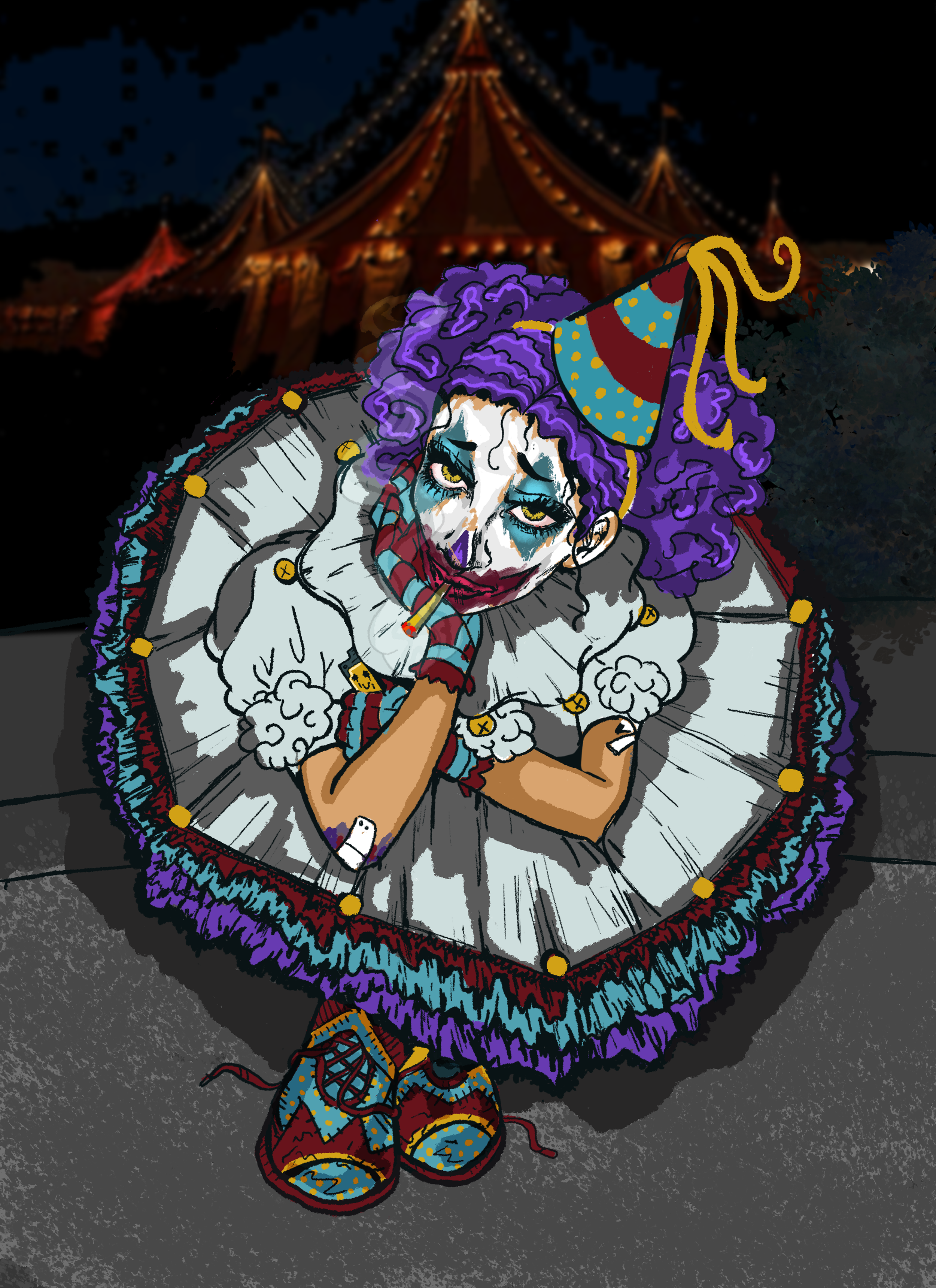 A clown with purple curly hair, face paint, and wearing a jester hat, sitting with arms crossed on a circus tent floor at night.