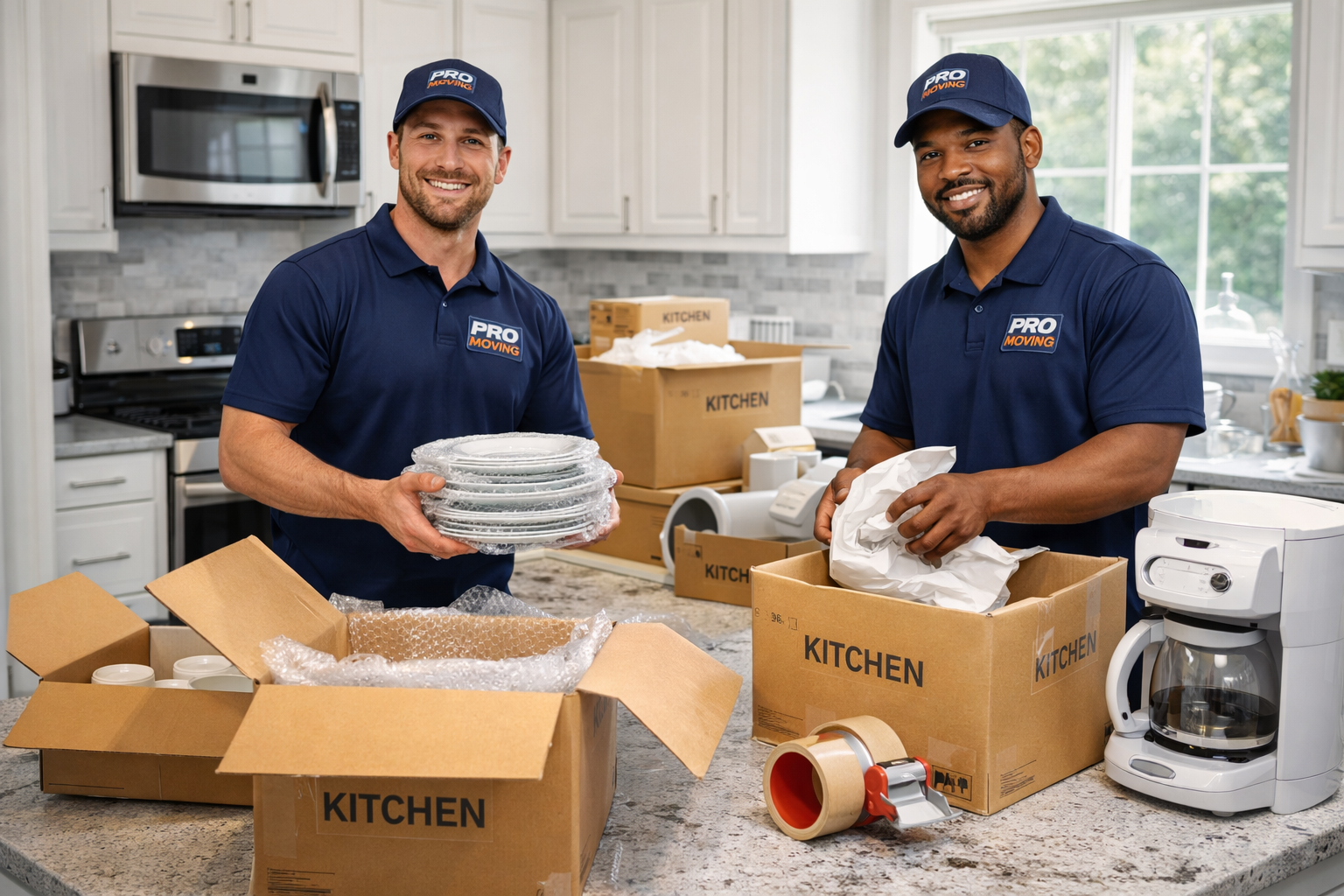 Two men in blue uniforms with 'PRO MOVING' logos are packing boxes in a kitchen. One is holding glass plates, and the other is wrapping an item in paper. The kitchen has white cabinets, a microwave, and a coffee maker on the counter. Several labeled moving boxes are on the counter and in the background.