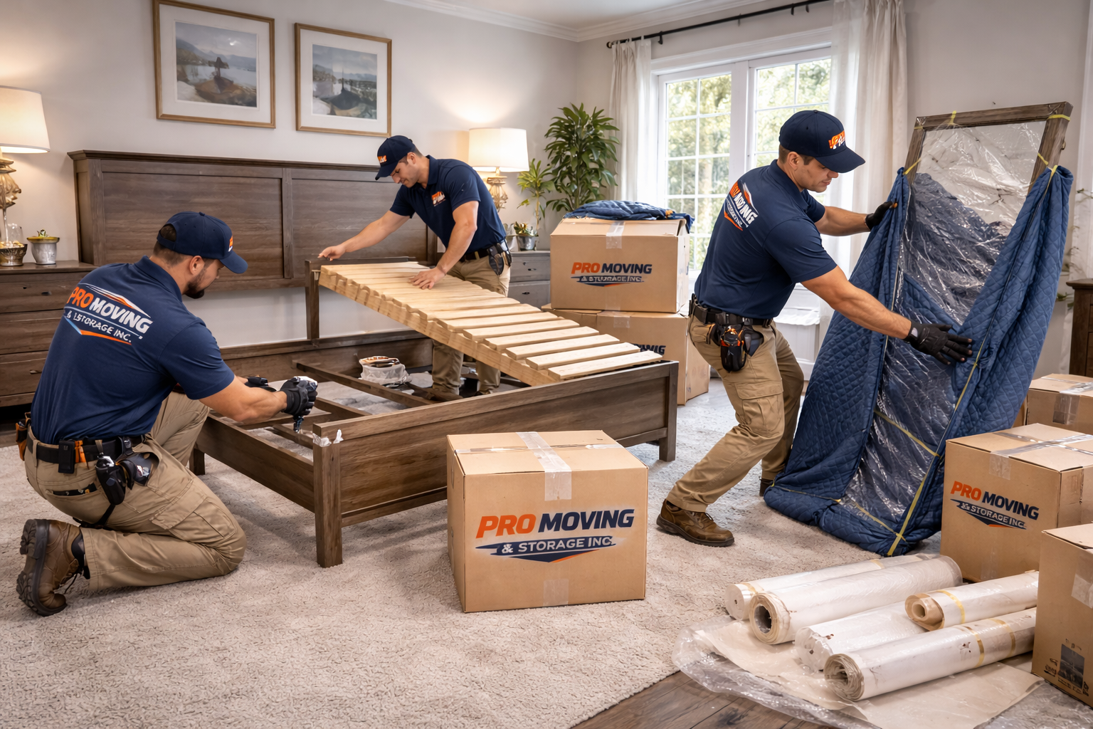 Three movers from PRO Moving & Storage are packing a bed frame in a bedroom with a window, two lamps, and framed pictures on the wall. They are handling wooden parts, a mattress cover, and cardboard boxes.