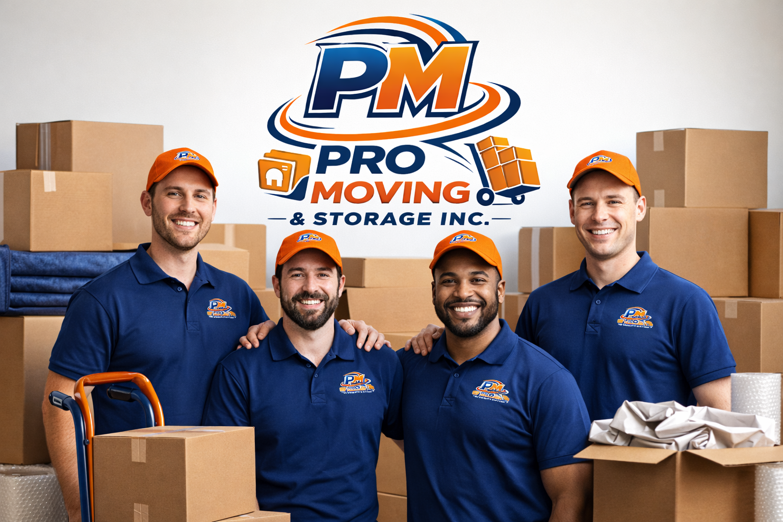 Four movers in blue shirts and orange caps standing in front of stacked boxes and a logo that reads "Pro Moving & Storage Inc."