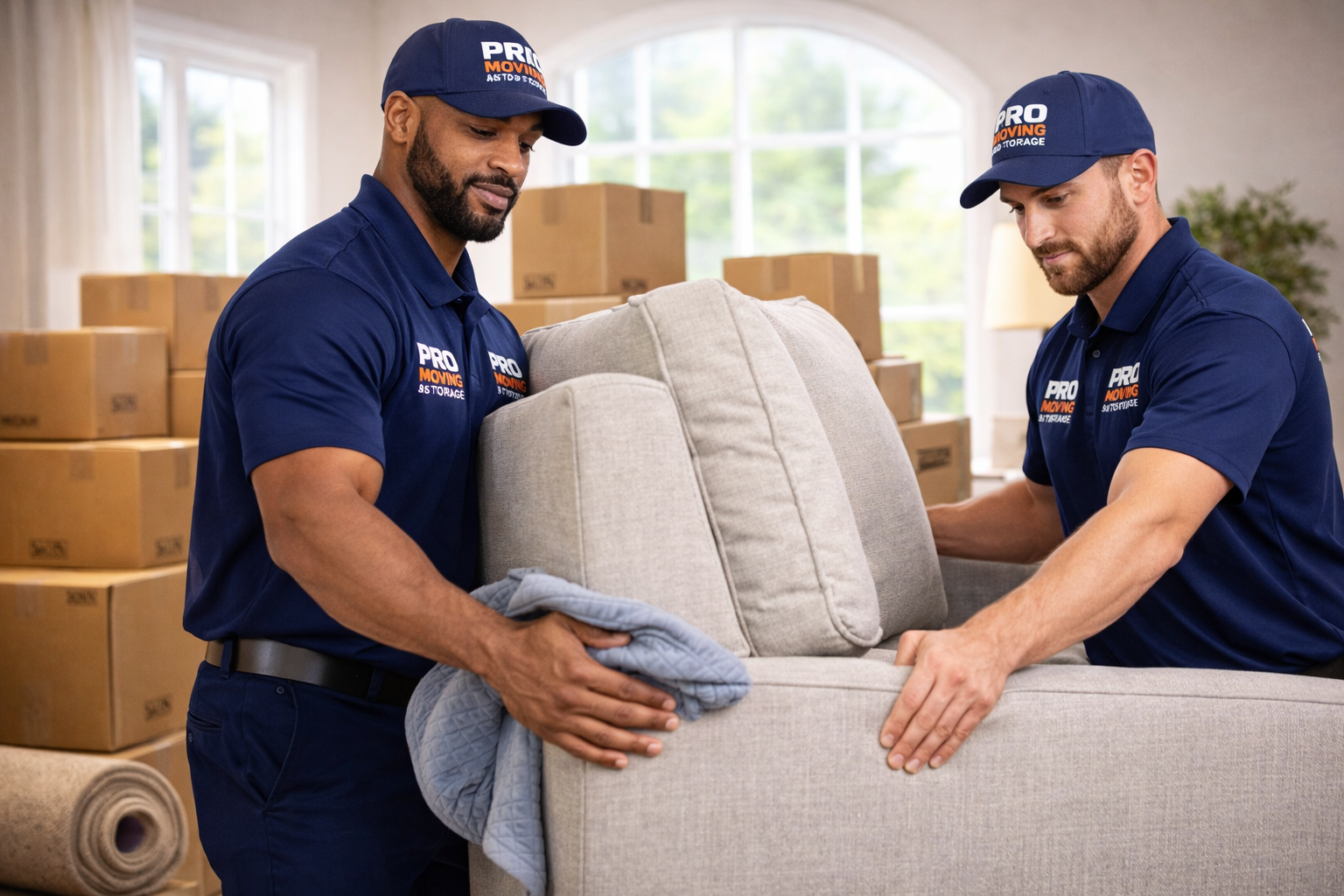 Two moving workers in navy uniforms and caps lift a light-colored sofa inside a room filled with moving boxes and in front of large windows.