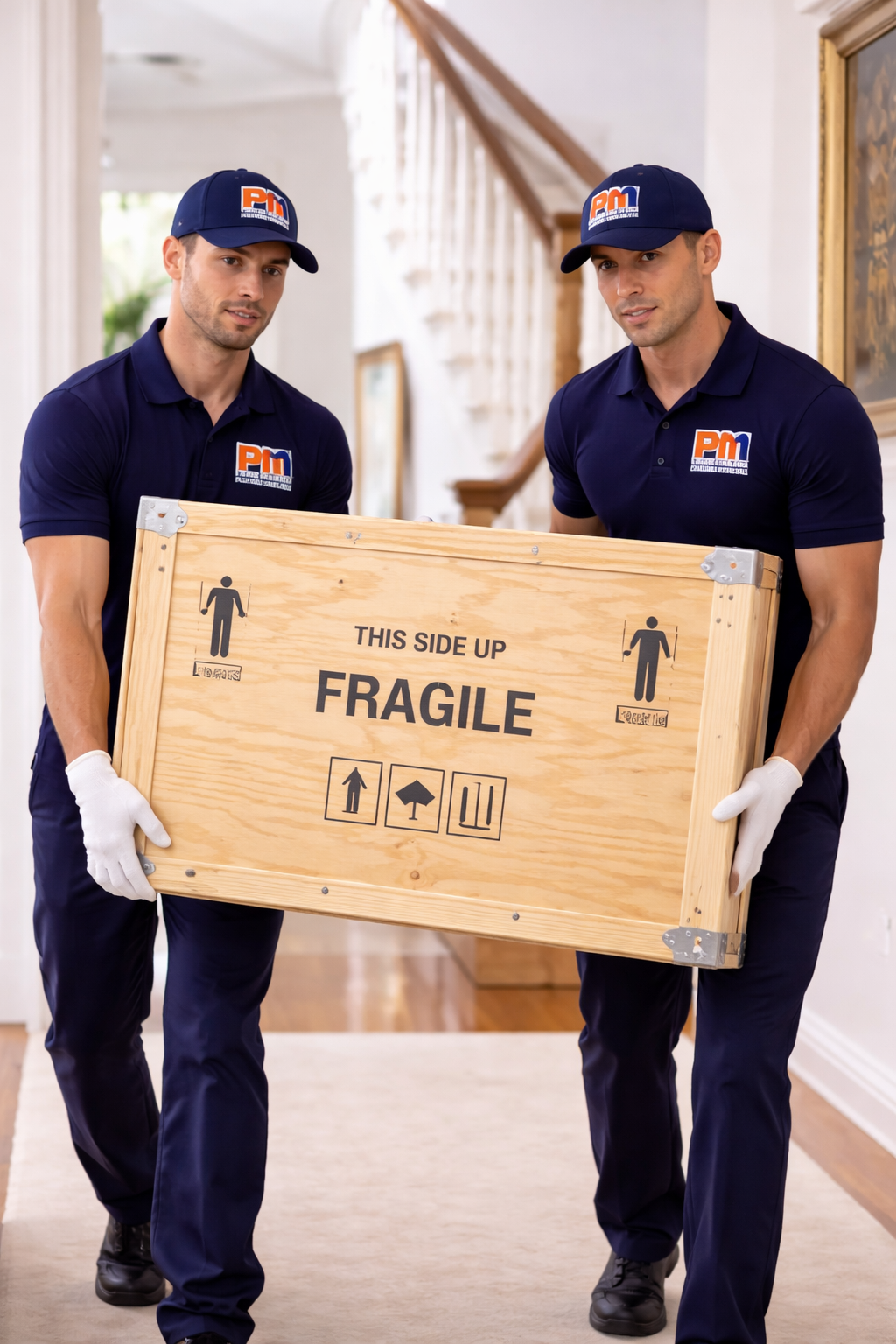 Two men in blue uniforms and caps are carrying a wooden crate labeled 'Fragile' inside a house.