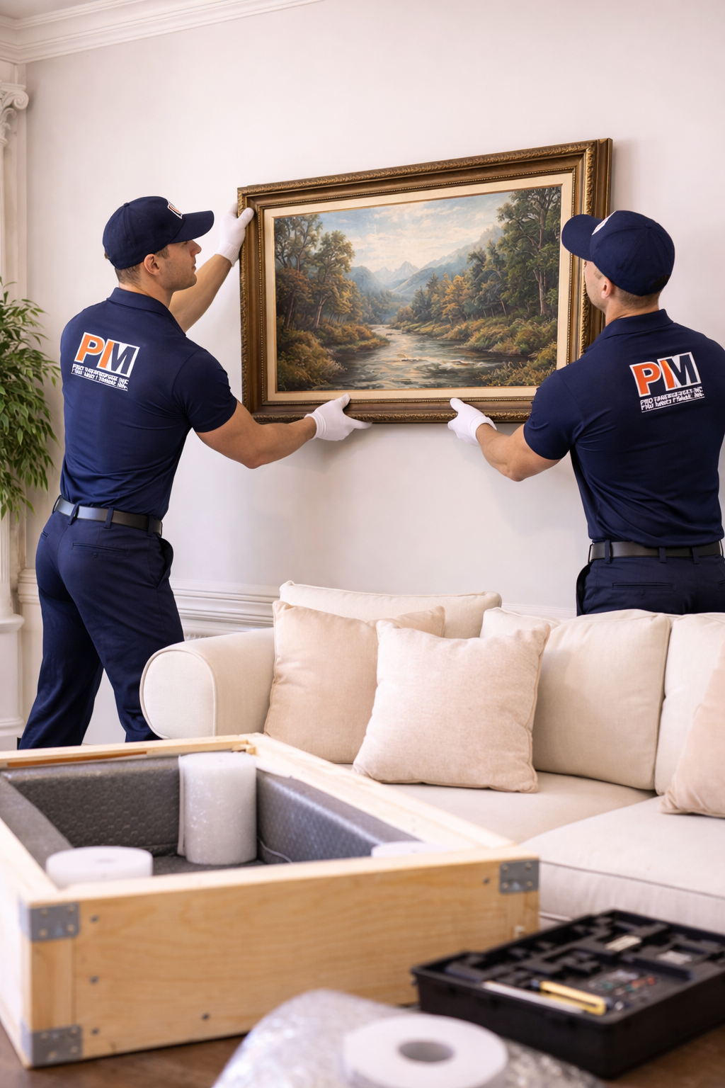 Two workers in navy uniforms with 'PIM' logos are hanging a framed landscape painting on a white wall in a living room. The room has beige pillows on a cream sofa, a potted plant, and moving or packing supplies including a wooden box, tape, and tools in the foreground.