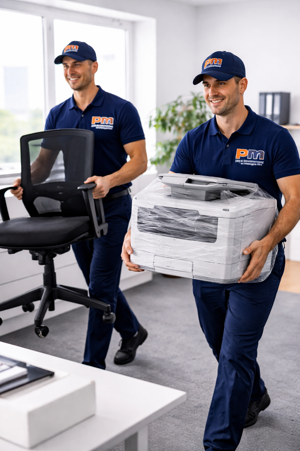 Two men in blue company uniforms and caps unloading office equipment, one carrying a printer, in a modern office.