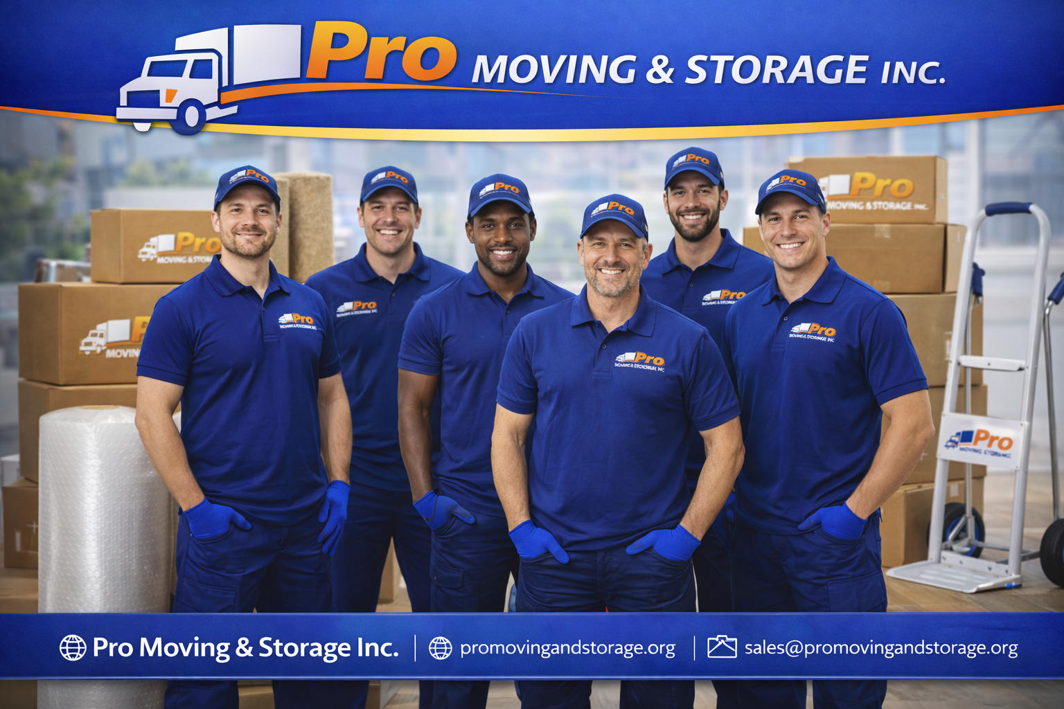 Group of six movers in blue uniforms and caps standing in a storage unit with boxes and moving supplies, smiling at the camera. Branding includes Pro Moving & Storage Inc., website, and email contact information.