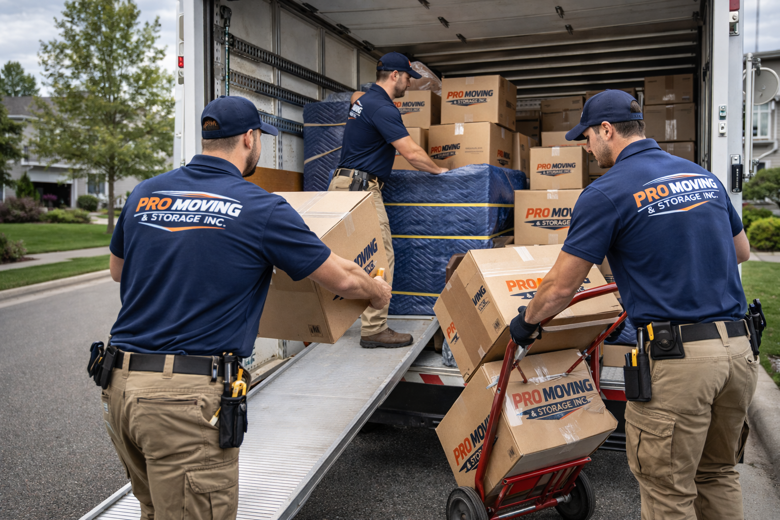 Three movers in navy blue shirts loading boxes into a moving truck, with one person on the truck stacking boxes. The boxes are labeled 'PRO MOVING & STORAGE INC.' and surrounded by moving supplies.
