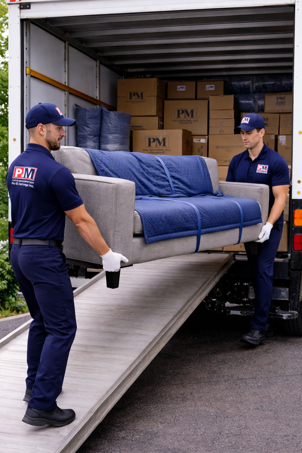 Two movers in navy uniforms loading a gray couch wrapped in a blue moving blanket onto a truck with boxes in the background.