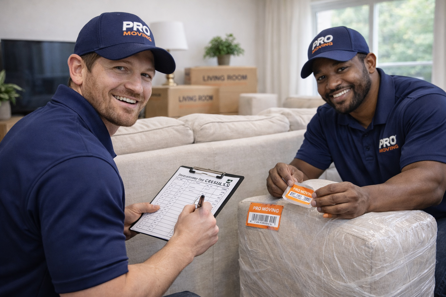 Two movers from PRO MOVING in navy shirts and caps, smiling, sitting on a beige sofa, one takes notes on a clipboard, the other holds a mover's tag.