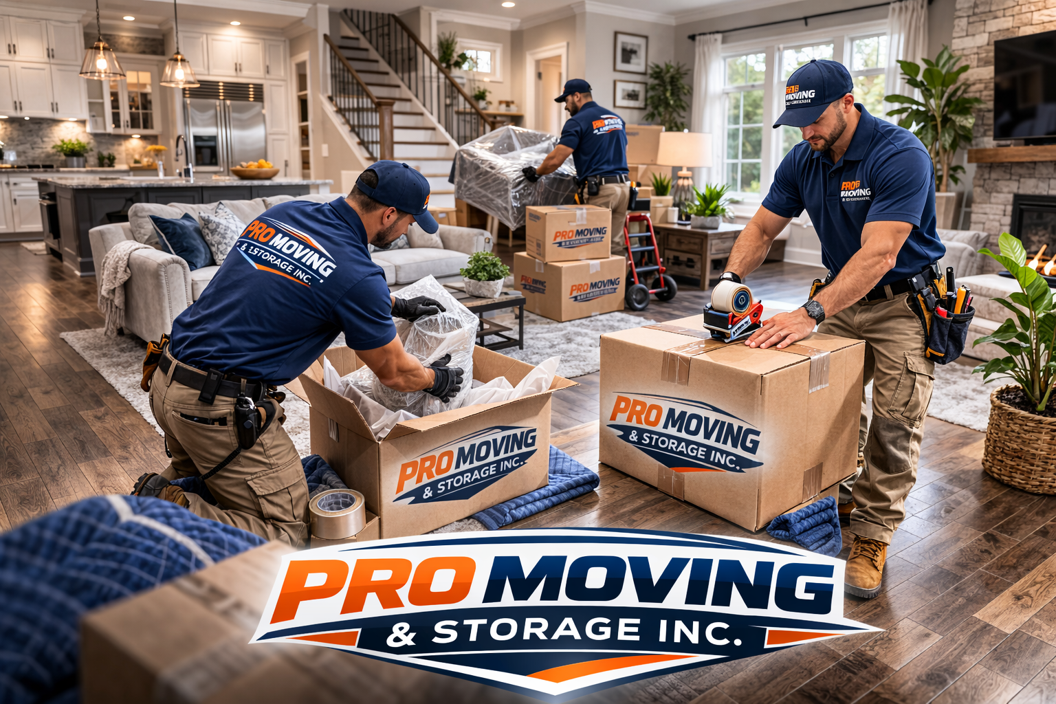 Movers in uniform packing boxes in a living room with a kitchen and staircase in the background.