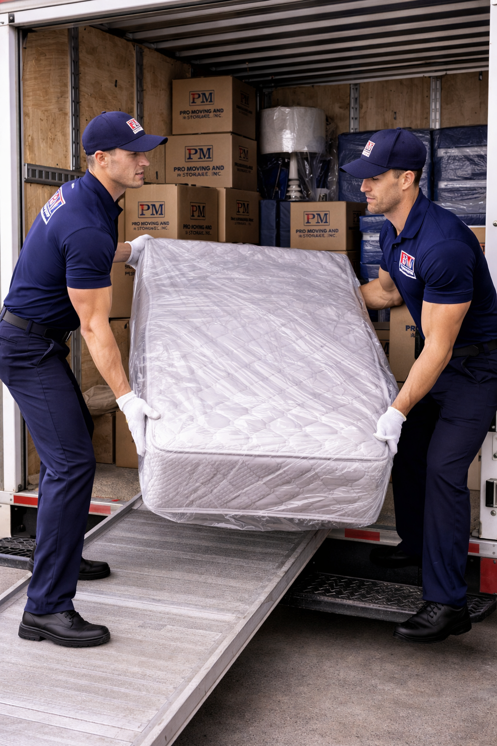 Two movers in uniform loading a mattress into a moving truck with boxes and packing materials inside.