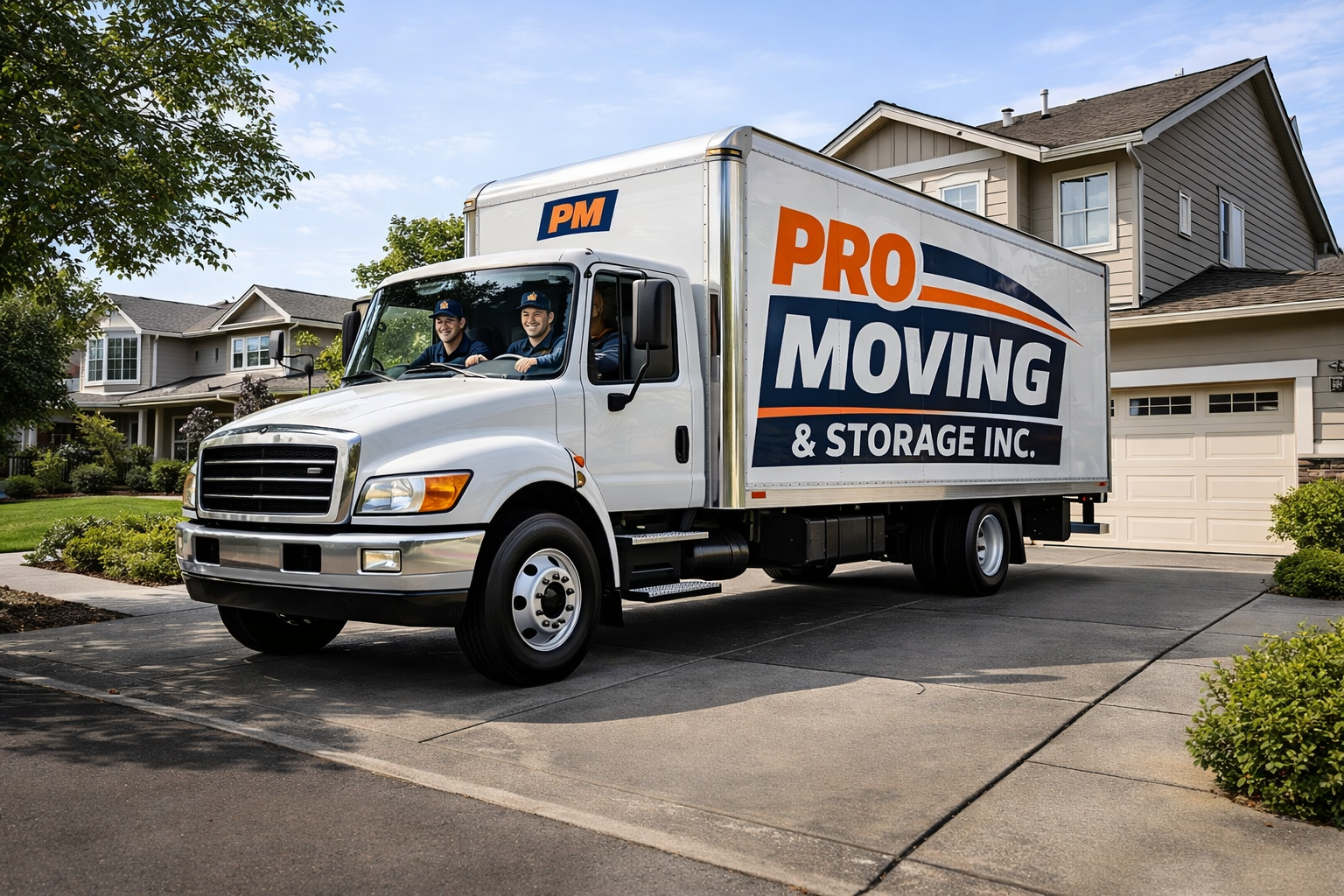 Moving truck with Pro Moving & Storage Inc. logo parked in a residential driveway with two smiling movers inside, in front of a suburban house on a sunny day