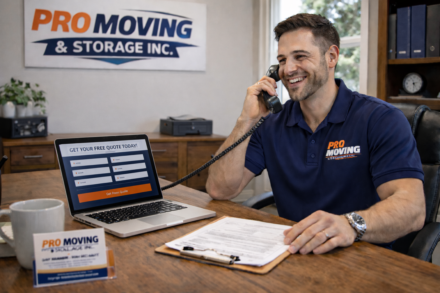 A smiling man in a navy blue polo shirt with 'Pro Moving' logo, sitting at a desk, talking on a corded telephone with a laptop displaying a free quote form, inside an office with a 'Pro Moving & Storage Inc.' banner on the wall.