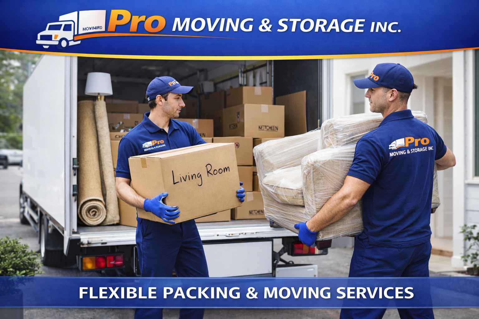 Two movers in blue uniforms loading a moving truck with furniture and boxes labeled 'Living Room', with a banner advertising Pro Moving & Storage Inc. and text 'Flexible Packing & Moving Services'.
