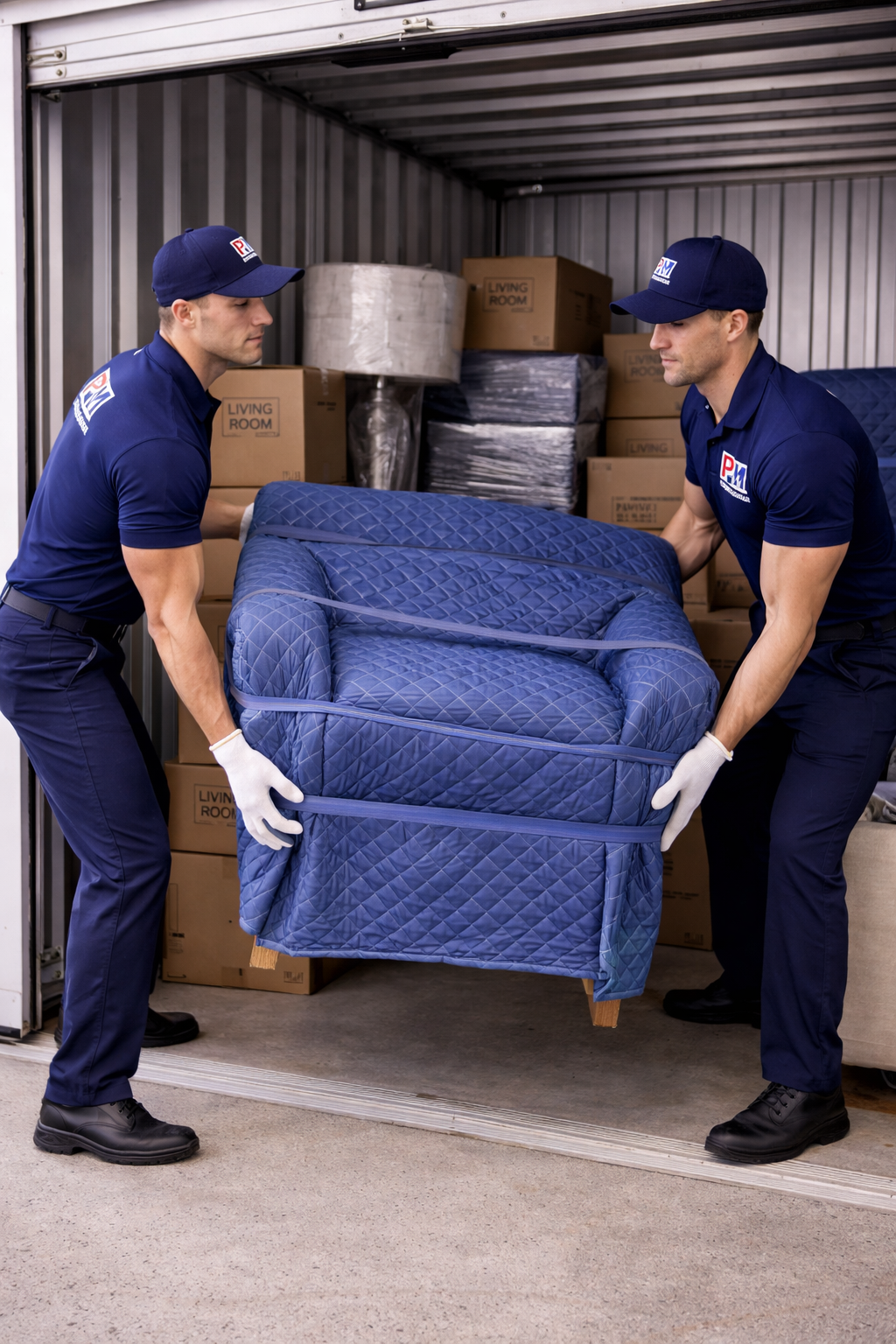 Two movers in navy uniforms and white gloves lifting a blue quilted mattress out of a moving truck with boxes labeled "Living Room" inside.