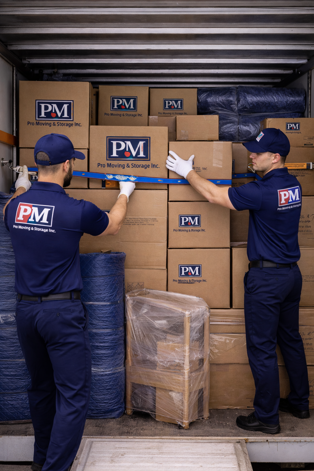 Two movers wearing navy uniforms with 'PM' logos are stacking boxes inside a moving truck. One is measuring the boxes with a tape measure, and the other is holding a box in place.